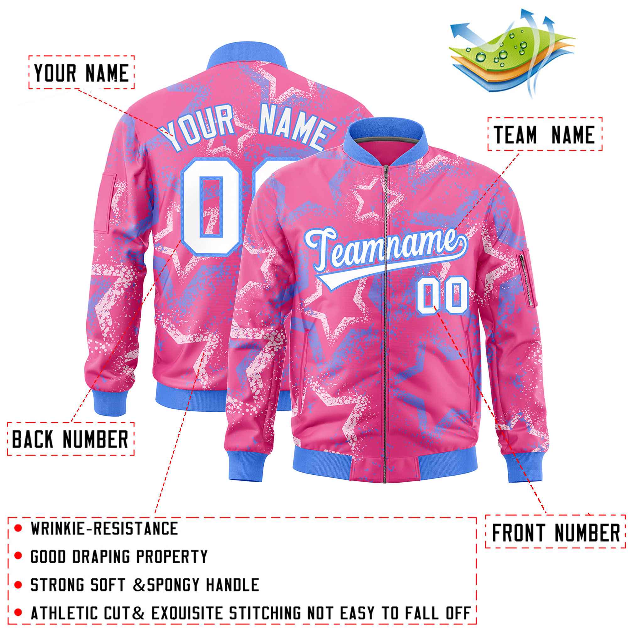 Custom Pink Varsity Full-Zip Star Pattern Letterman Bomber Jacket