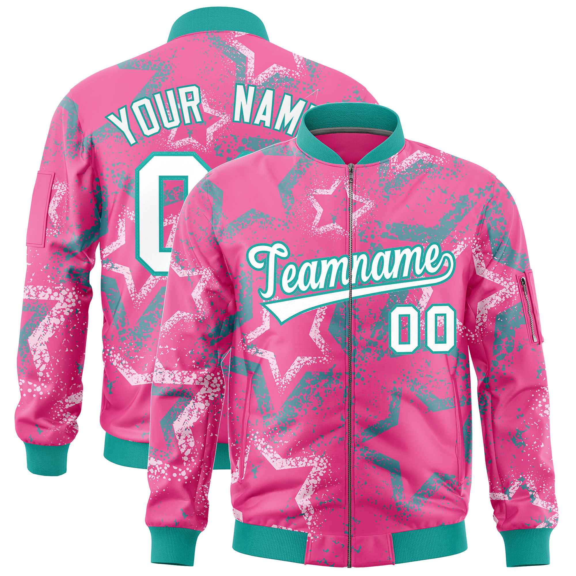 Custom Pink Varsity Full-Zip Star Pattern Letterman Bomber Jacket