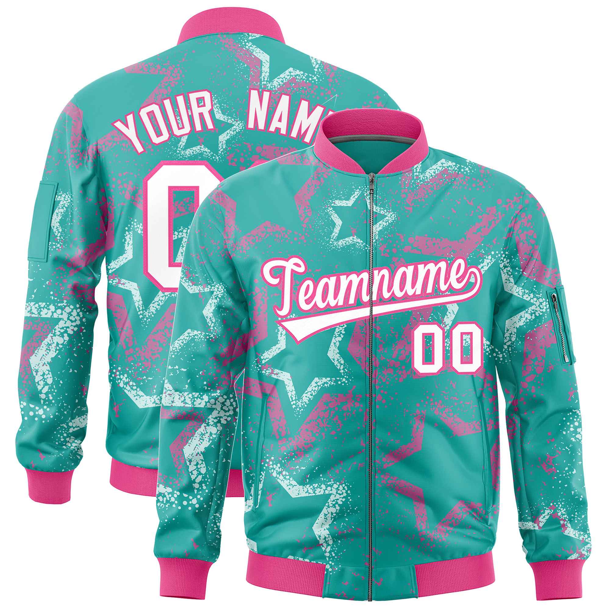 Custom Aqua Varsity Full-Zip Star Pattern Letterman Bomber Jacket