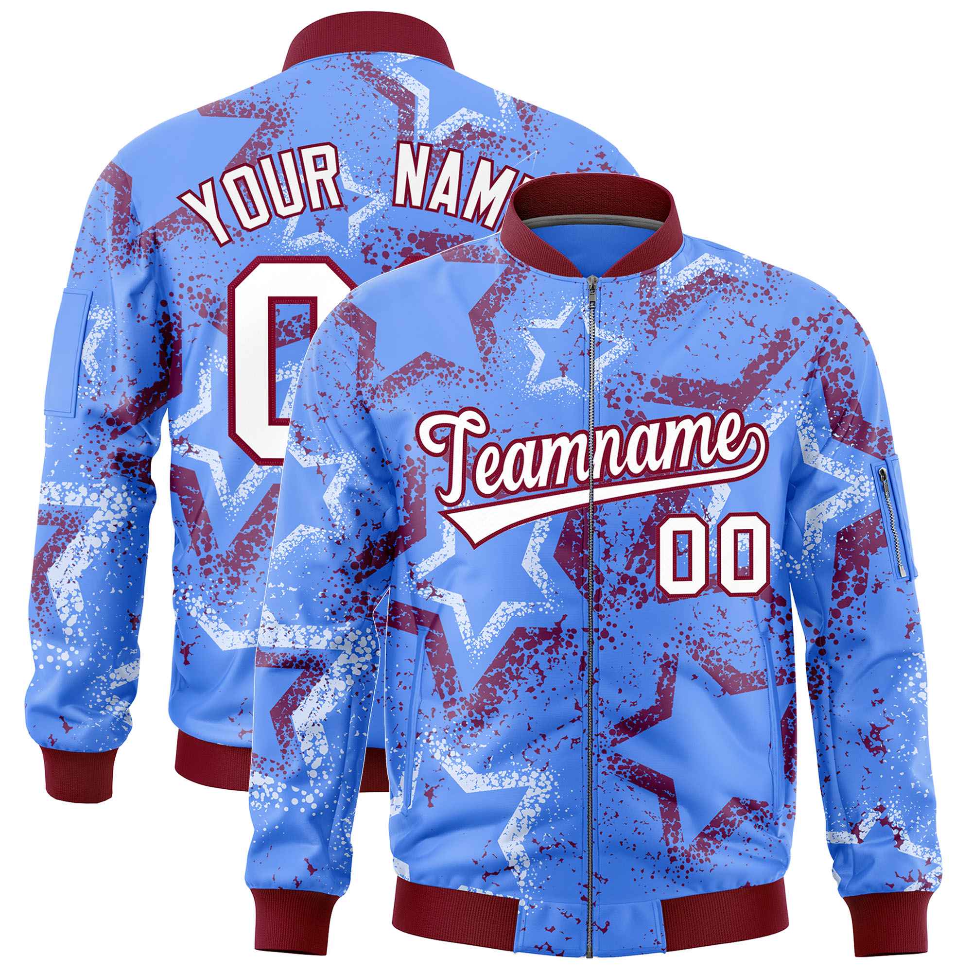 Custom Powder Blue Varsity Full-Zip Star Pattern Letterman Bomber Jacket