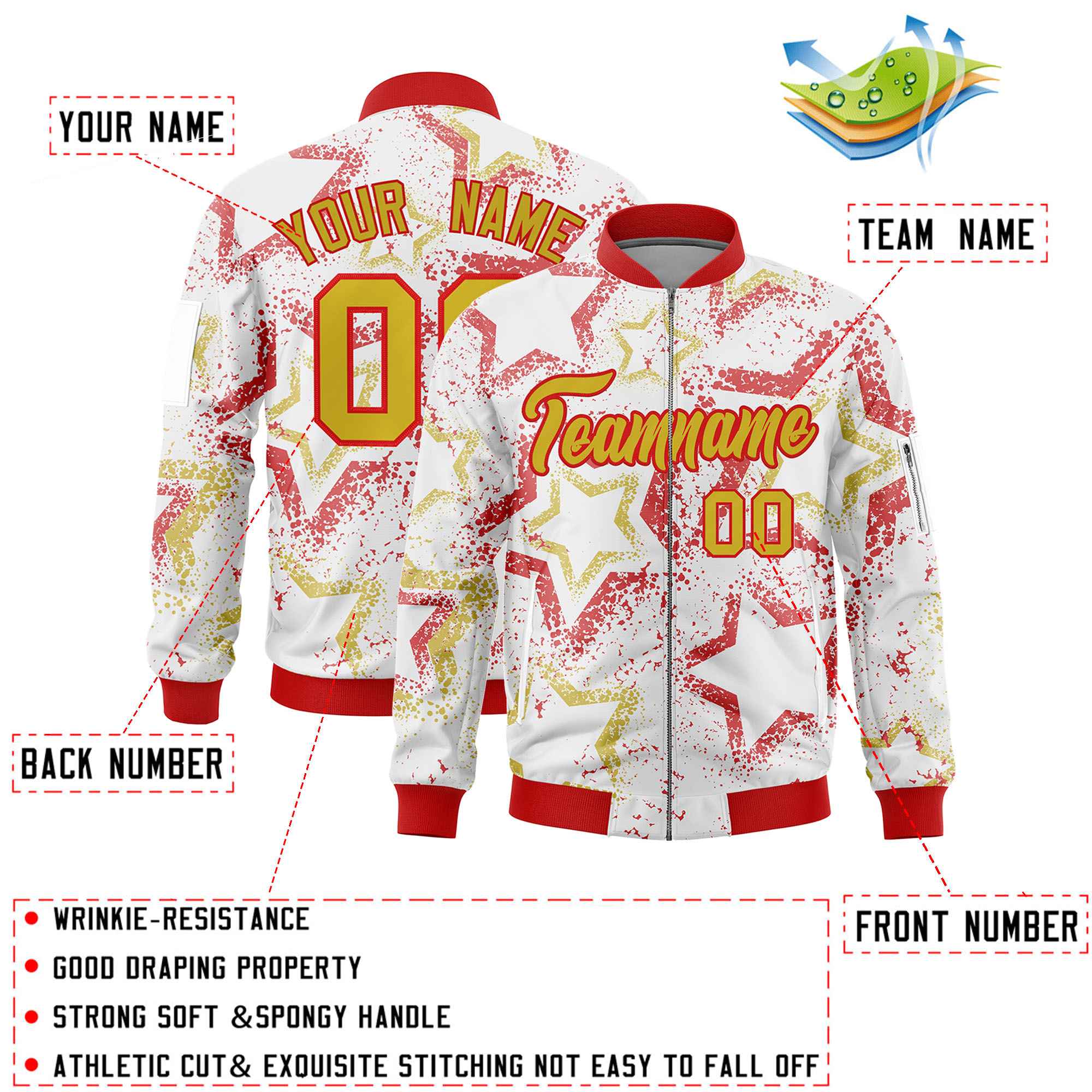 Custom White Varsity Full-Zip Star Pattern Letterman Bomber Jacket