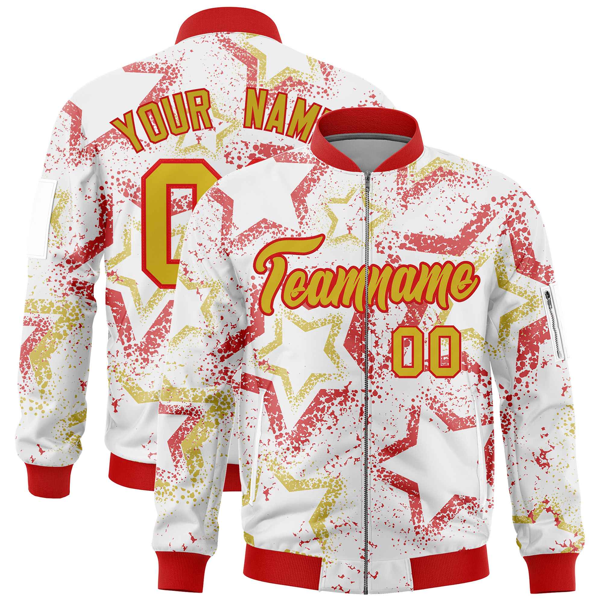 Custom White Varsity Full-Zip Star Pattern Letterman Bomber Jacket