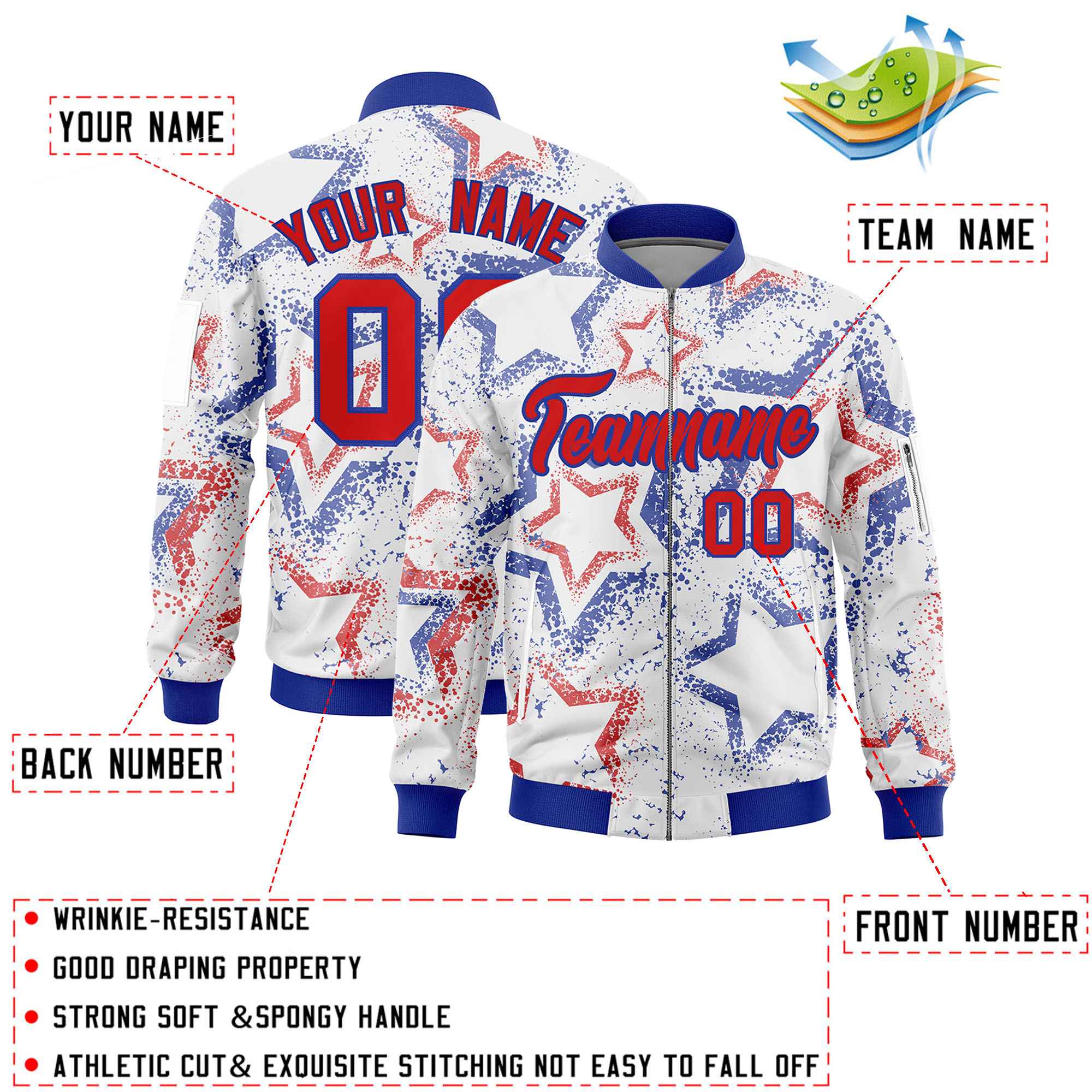 Custom White Varsity Full-Zip Star Pattern Letterman Bomber Jacket