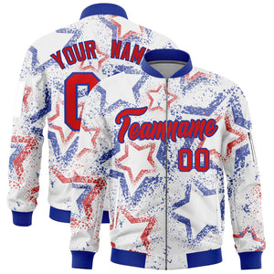 Custom White Varsity Full-Zip Star Pattern Letterman Bomber Jacket