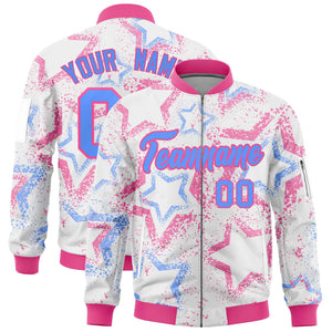 Custom White Varsity Full-Zip Star Pattern Letterman Bomber Jacket