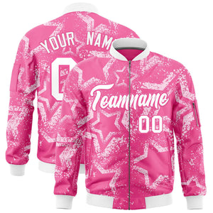 Custom Pink Varsity Full-Zip Star Pattern Letterman Bomber Jacket