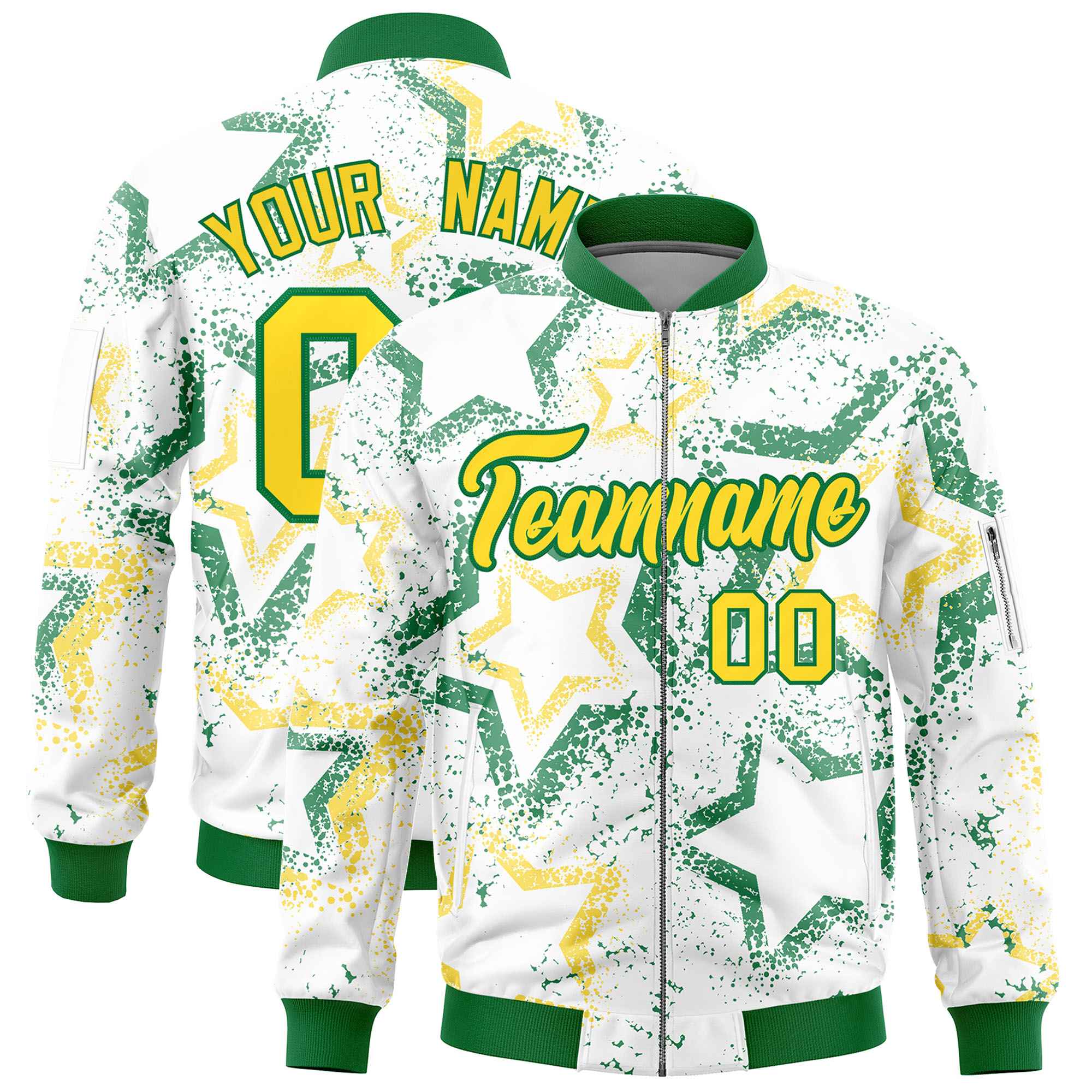 Custom White Varsity Full-Zip Star Pattern Letterman Bomber Jacket