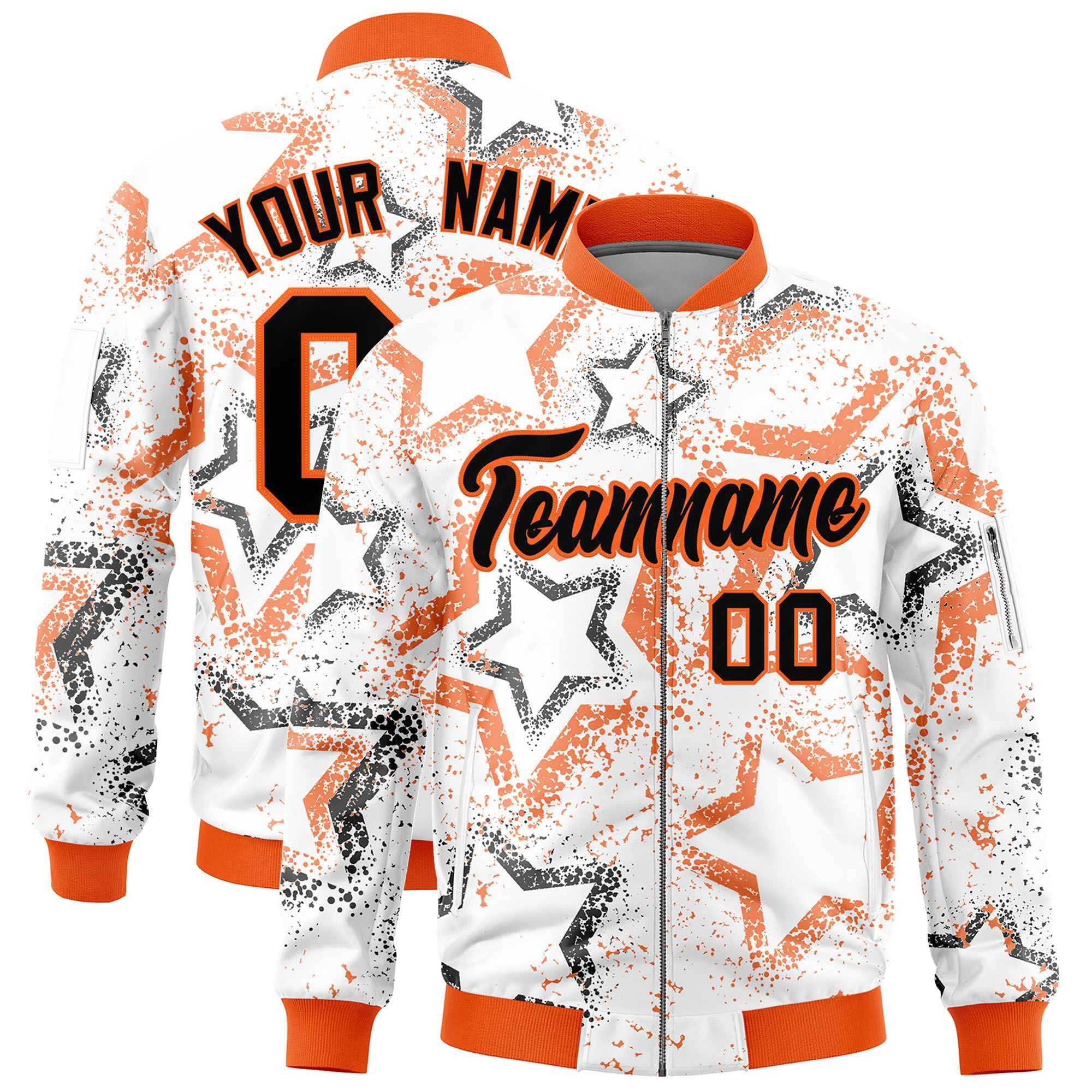 Custom White Varsity Full-Zip Star Pattern Letterman Bomber Jacket