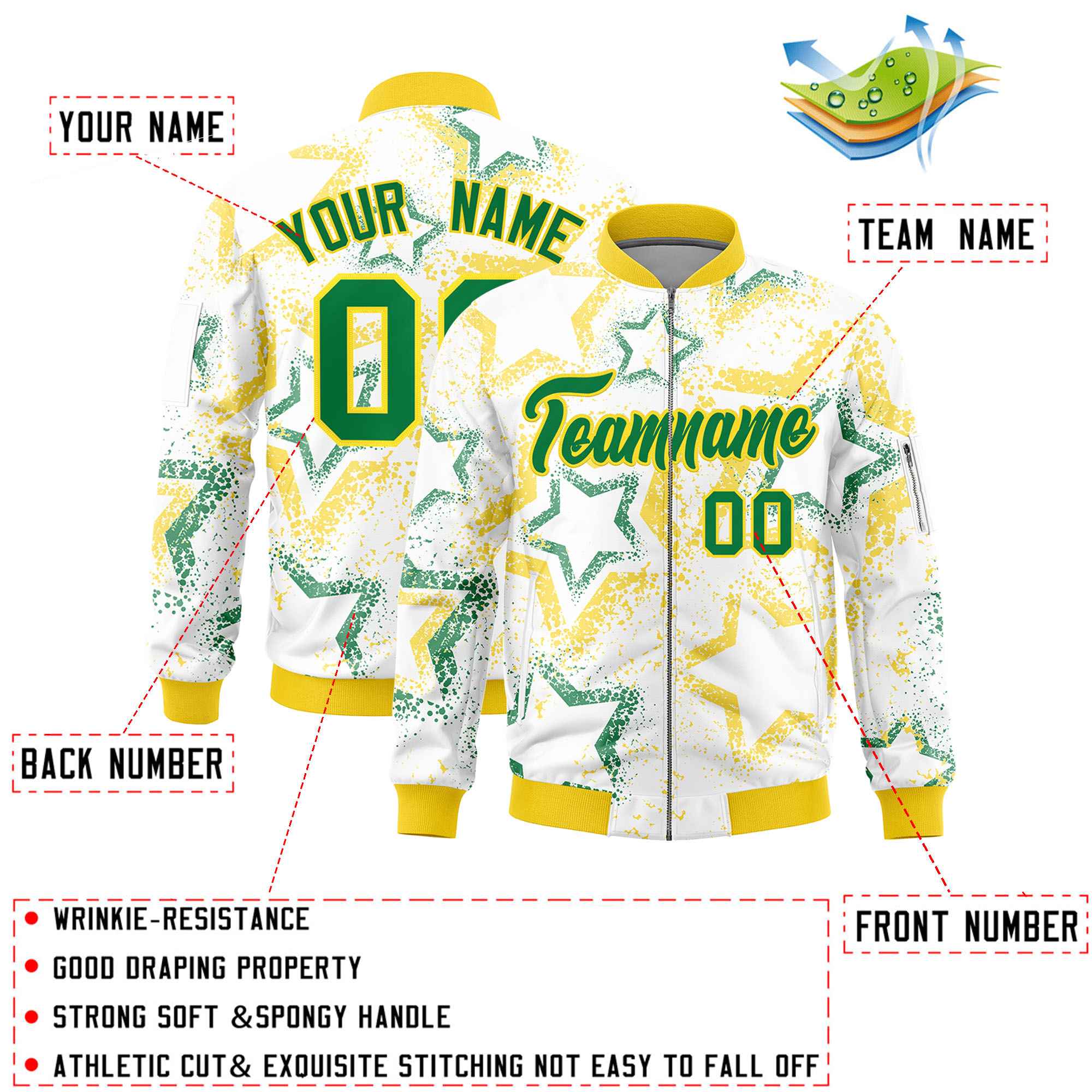 Custom White Varsity Full-Zip Star Pattern Letterman Bomber Jacket