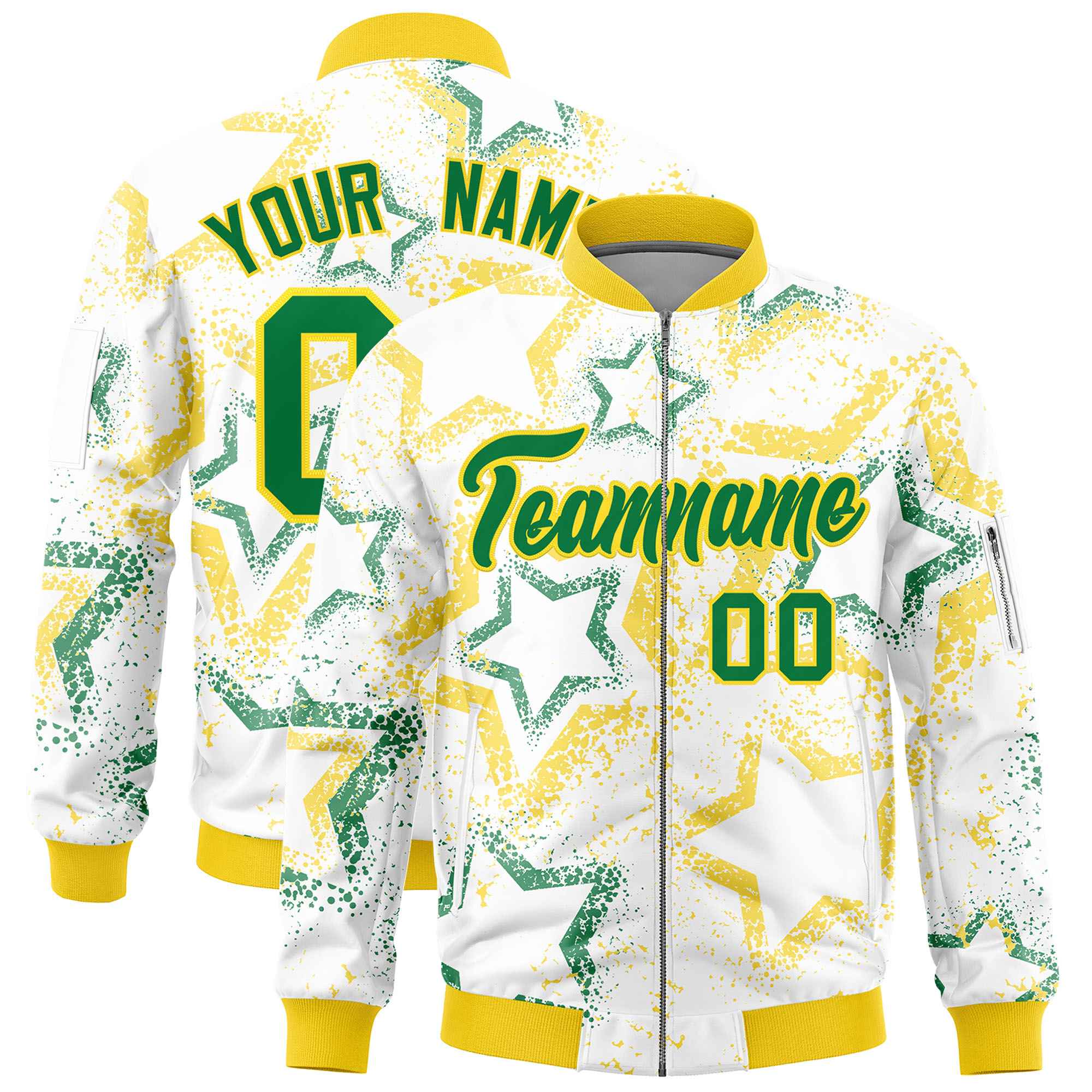 Custom White Varsity Full-Zip Star Pattern Letterman Bomber Jacket