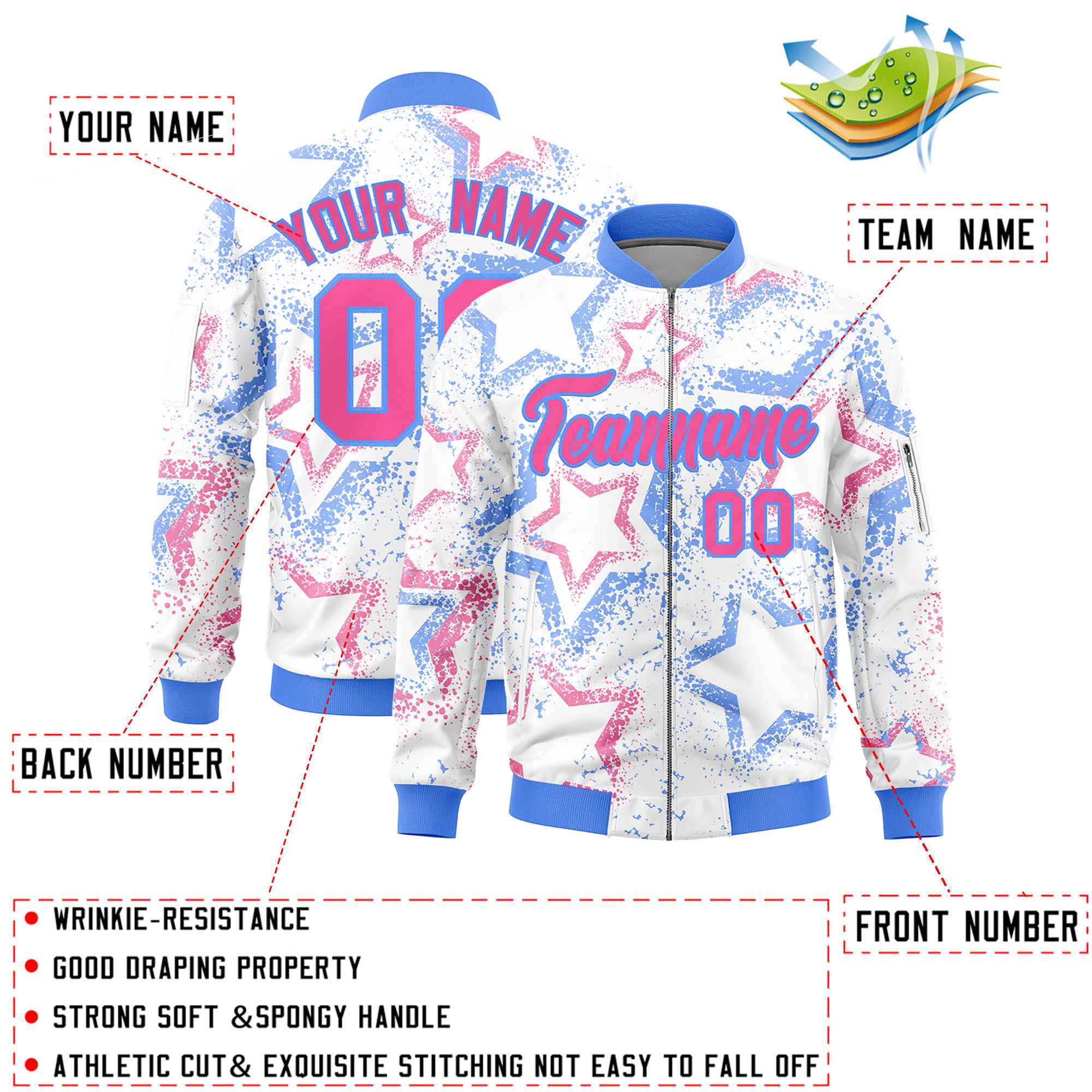 Custom White Varsity Full-Zip Star Pattern Letterman Bomber Jacket