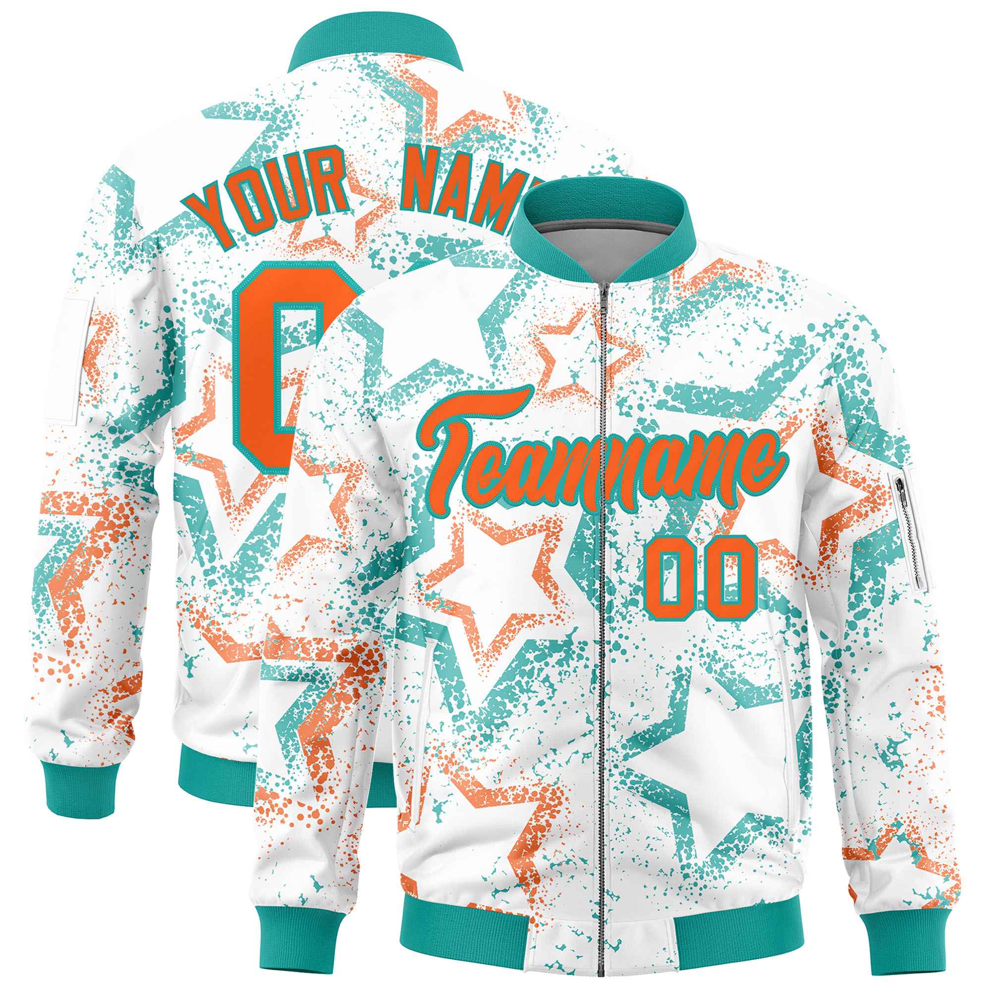 Custom White Varsity Full-Zip Star Pattern Letterman Bomber Jacket