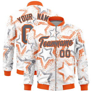 Custom White Varsity Full-Zip Star Pattern Letterman Bomber Jacket