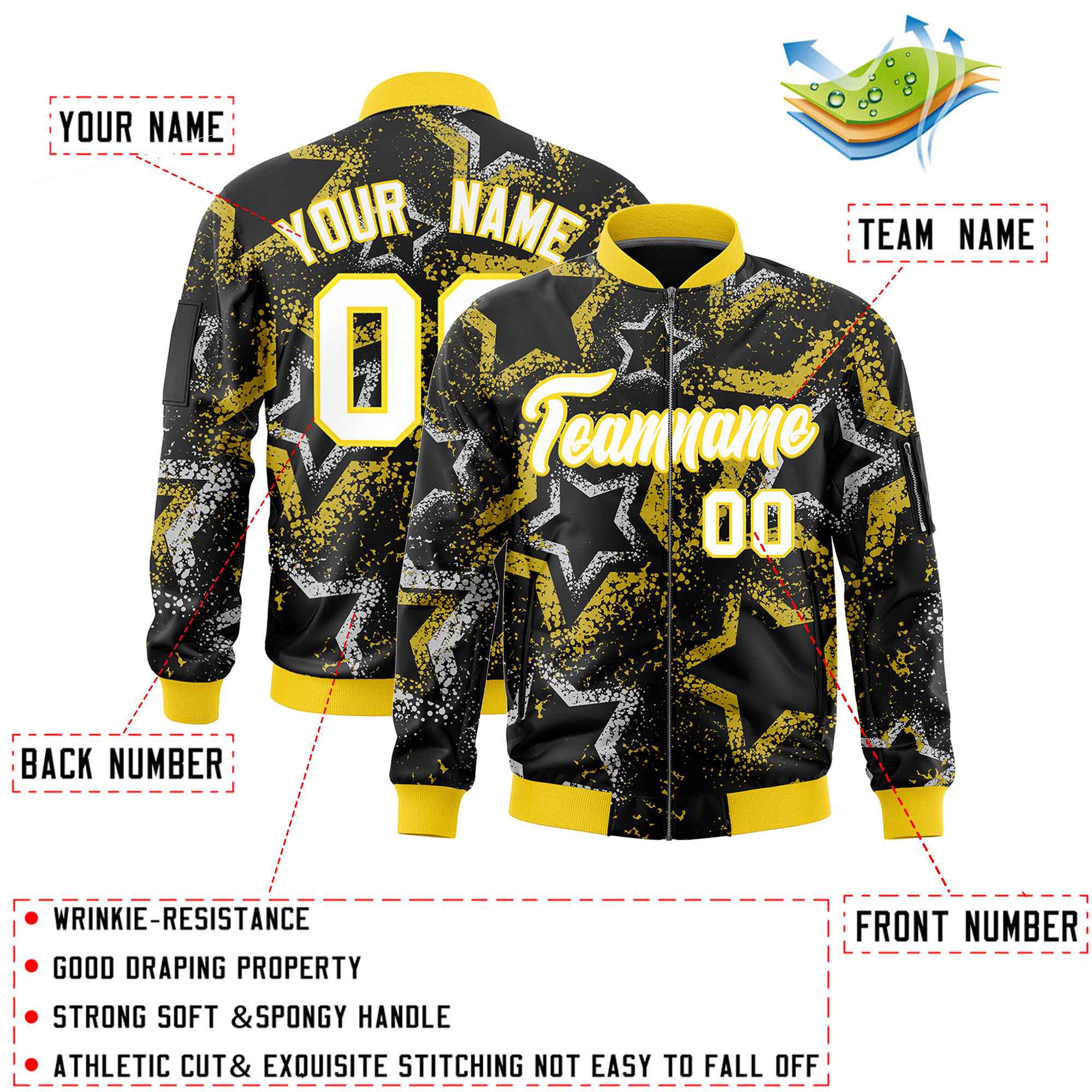 Custom Black Varsity Full-Zip Star Pattern Letterman Bomber Jacket