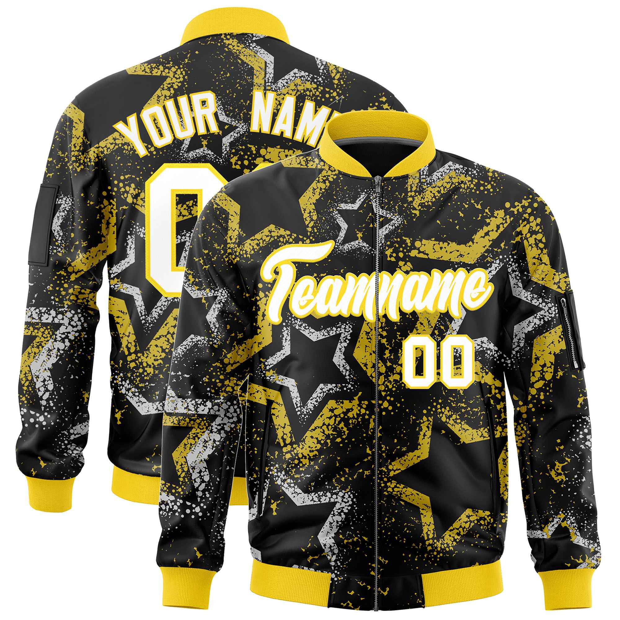 Custom Black Varsity Full-Zip Star Pattern Letterman Bomber Jacket