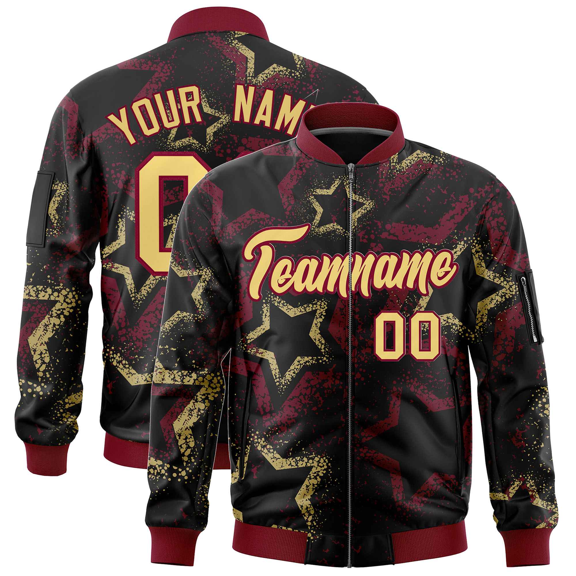 Custom Black Varsity Full-Zip Star Pattern Letterman Bomber Jacket