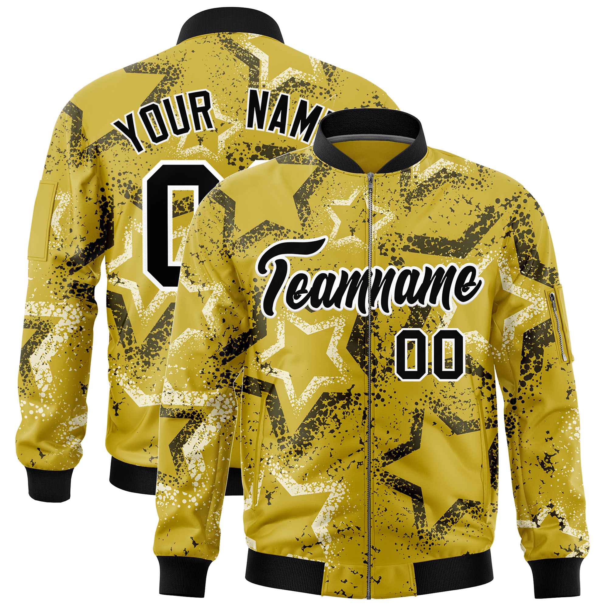 Custom Old Gold Varsity Full-Zip Star Pattern Letterman Bomber Jacket