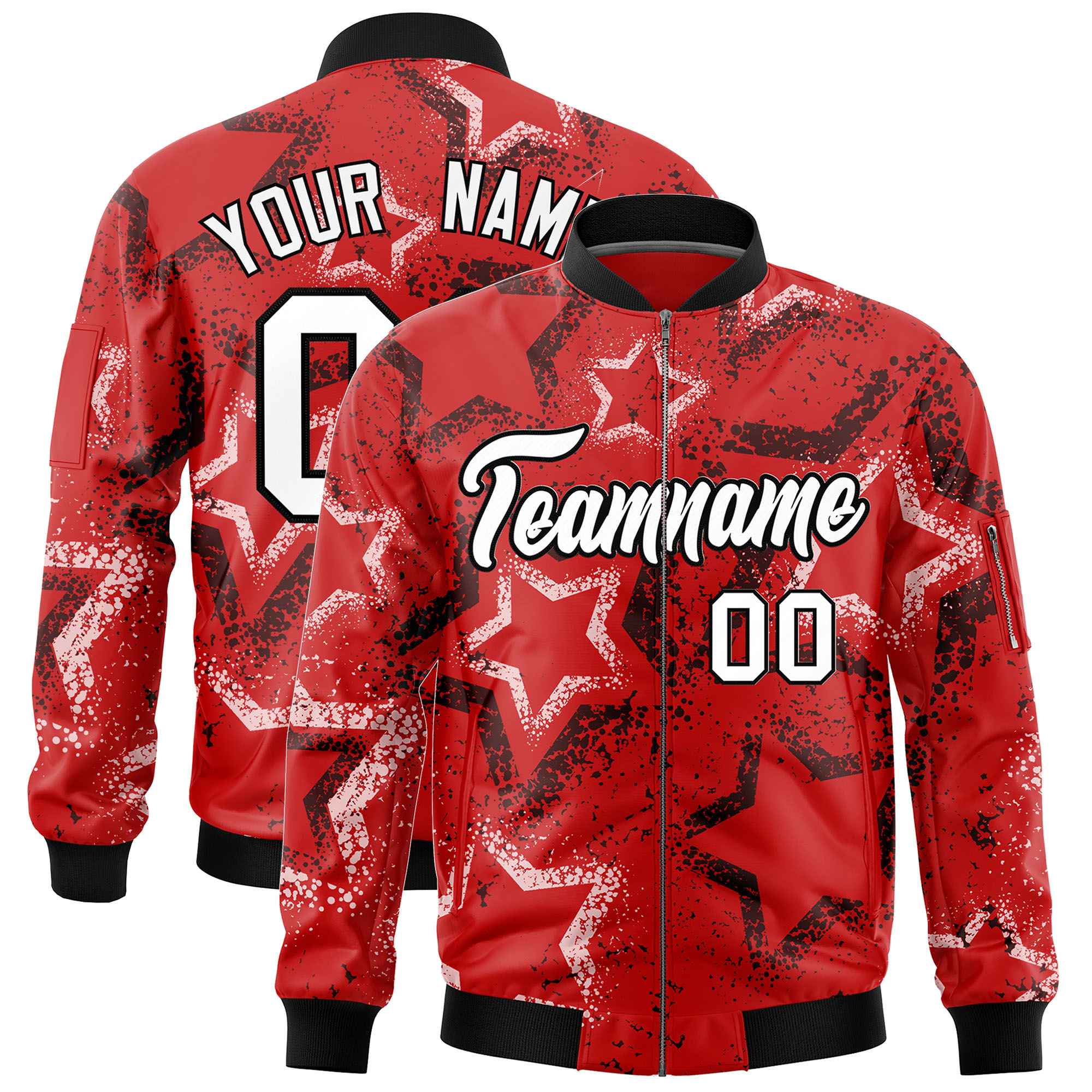 Custom Red Varsity Full-Zip Star Pattern Letterman Bomber Jacket