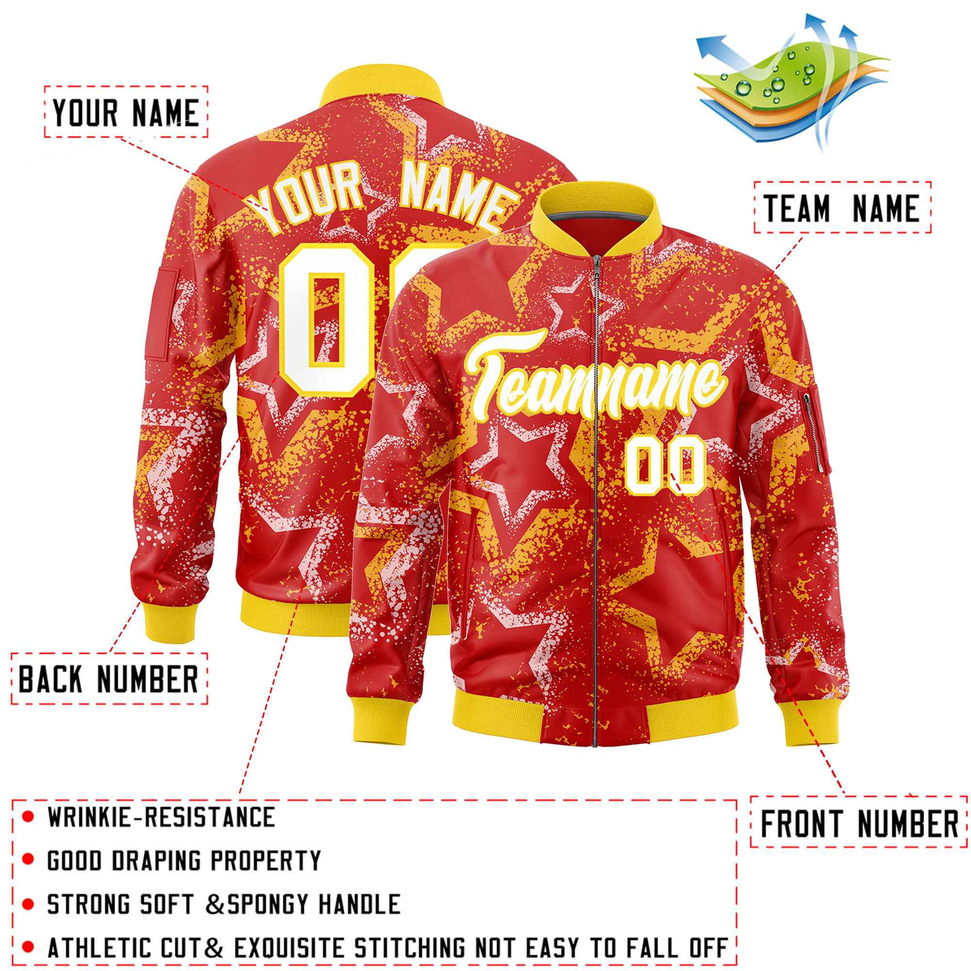 Custom Red Varsity Full-Zip Star Pattern Letterman Bomber Jacket