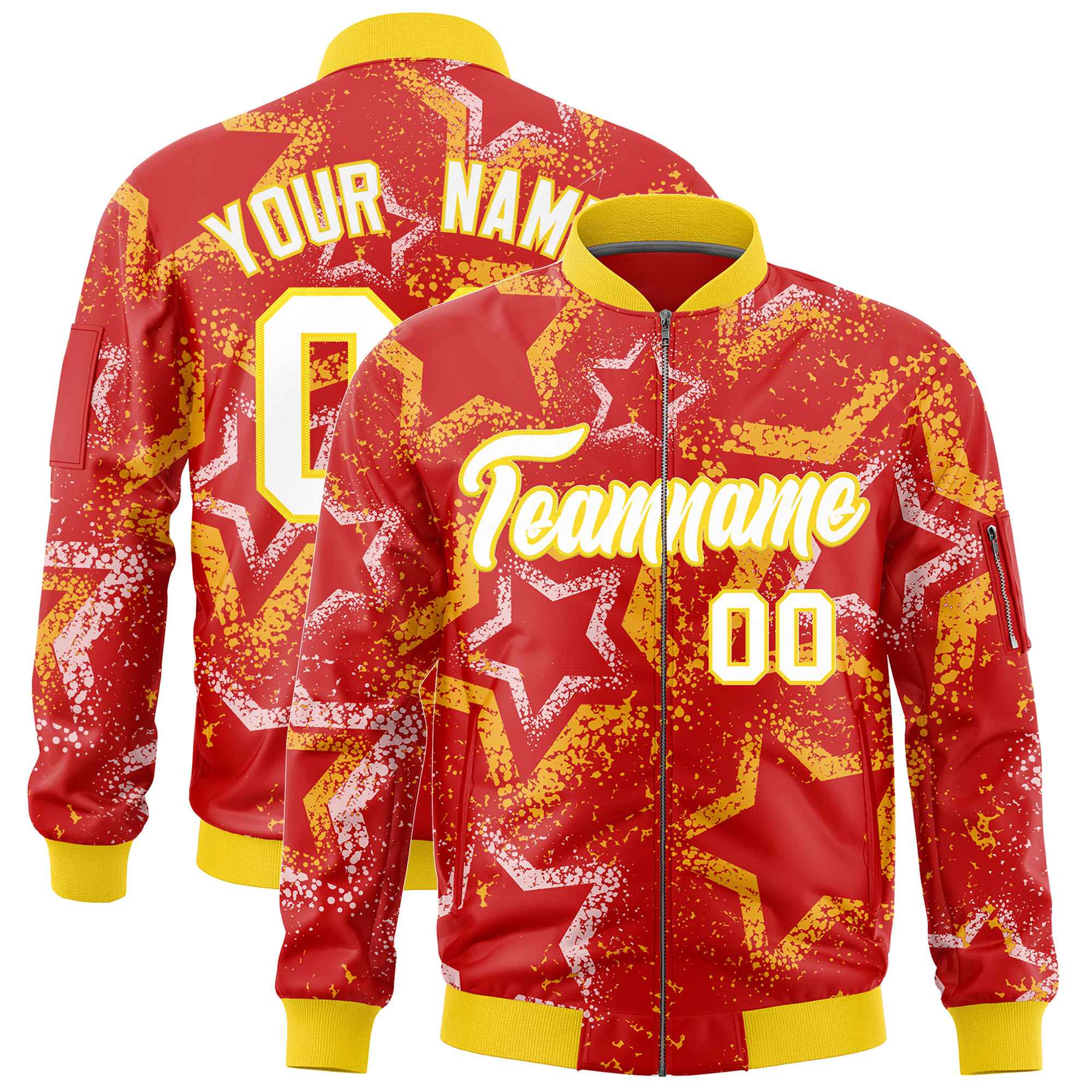 Custom Red Varsity Full-Zip Star Pattern Letterman Bomber Jacket