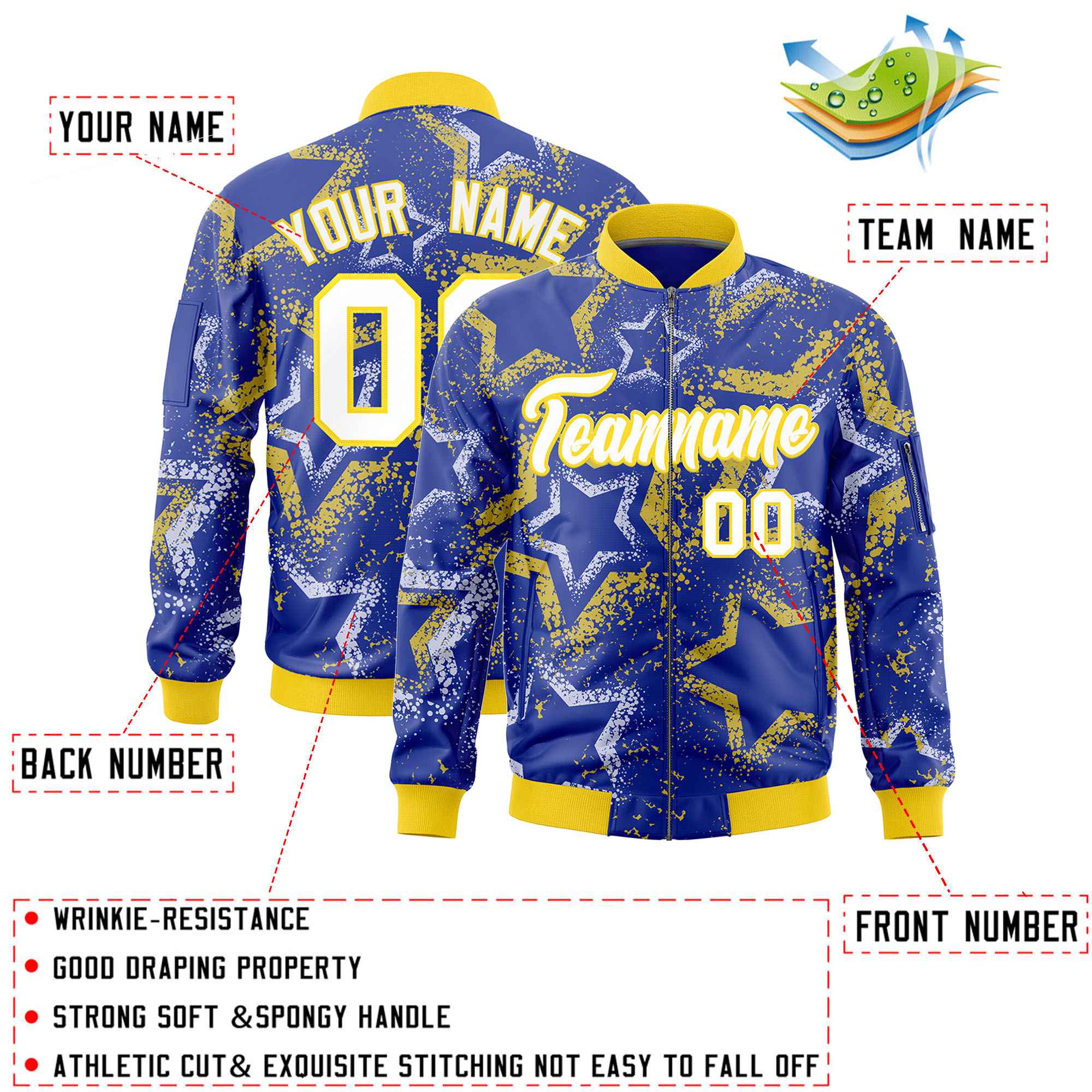 Custom Royal Varsity Full-Zip Star Pattern Letterman Bomber Jacket