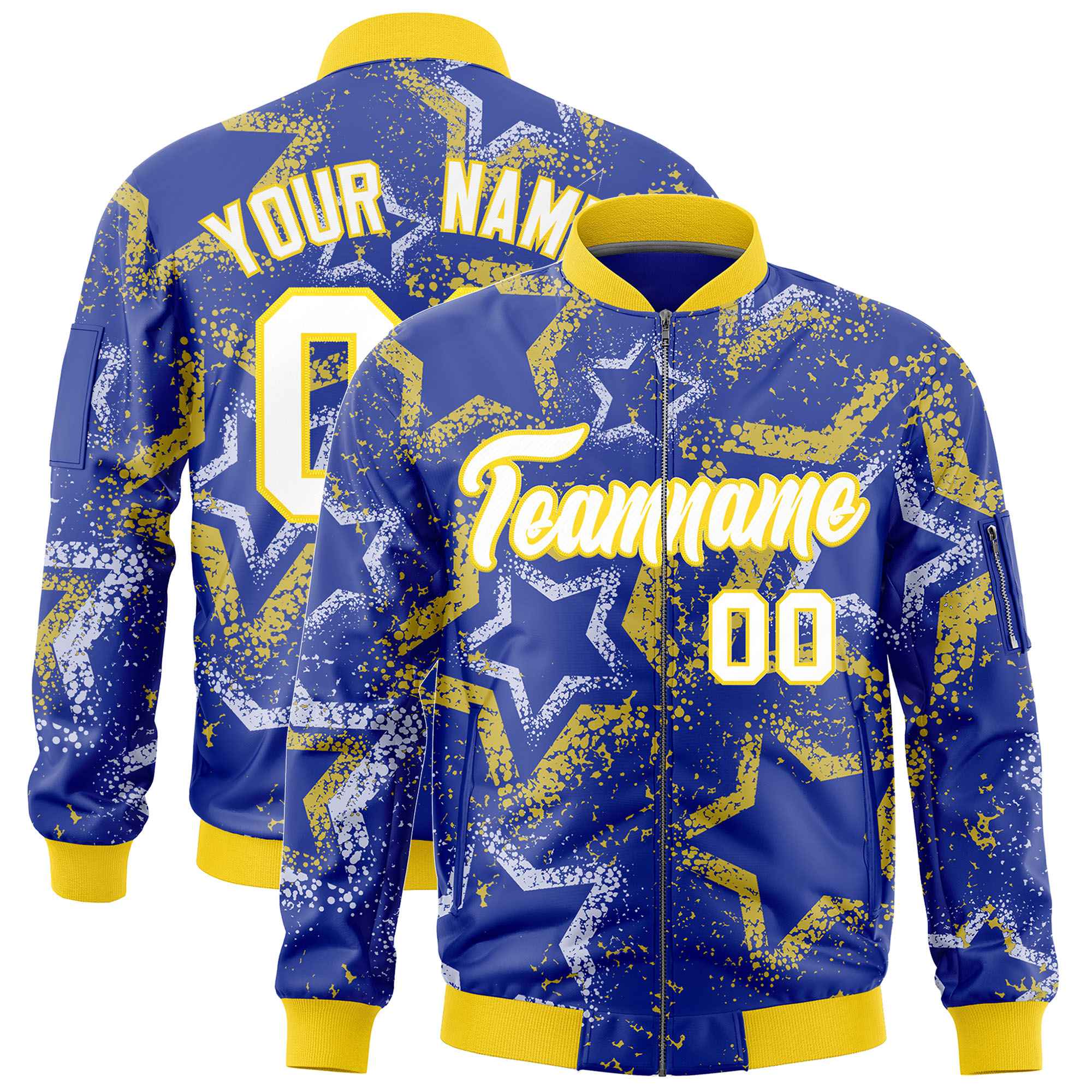 Custom Royal Varsity Full-Zip Star Pattern Letterman Bomber Jacket