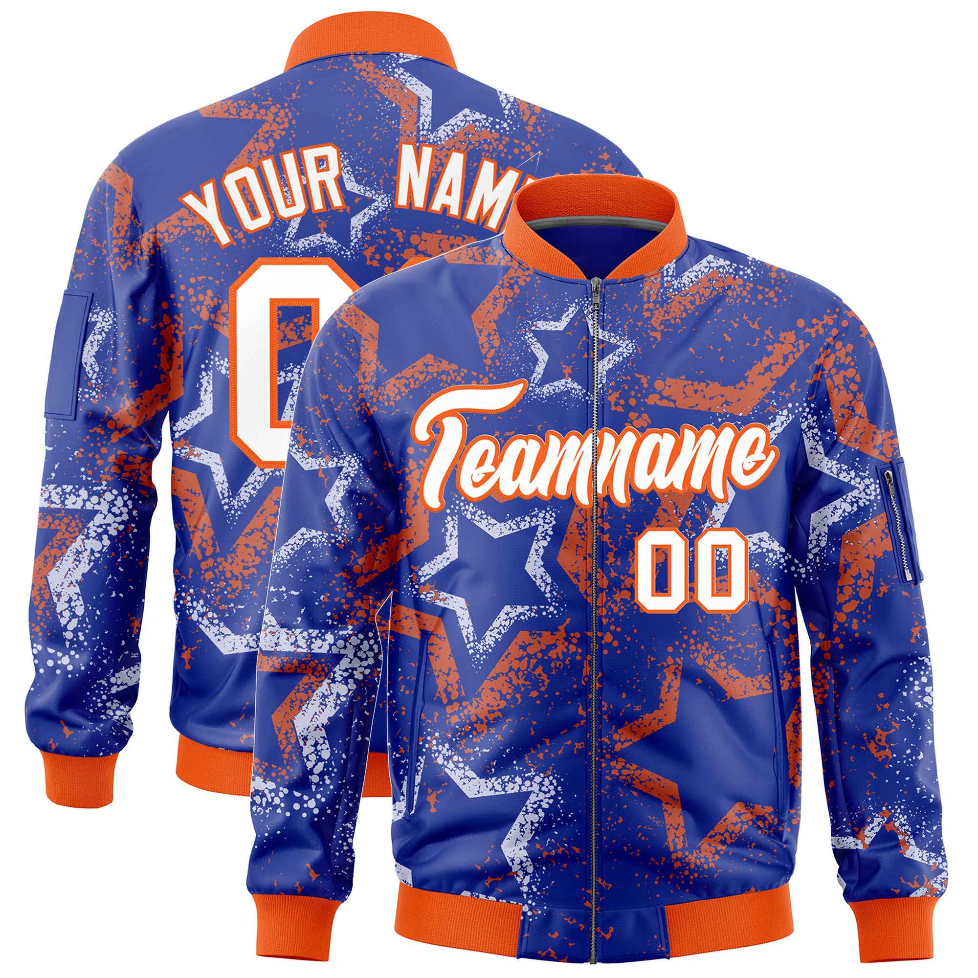 Custom Royal Varsity Full-Zip Star Pattern Letterman Bomber Jacket