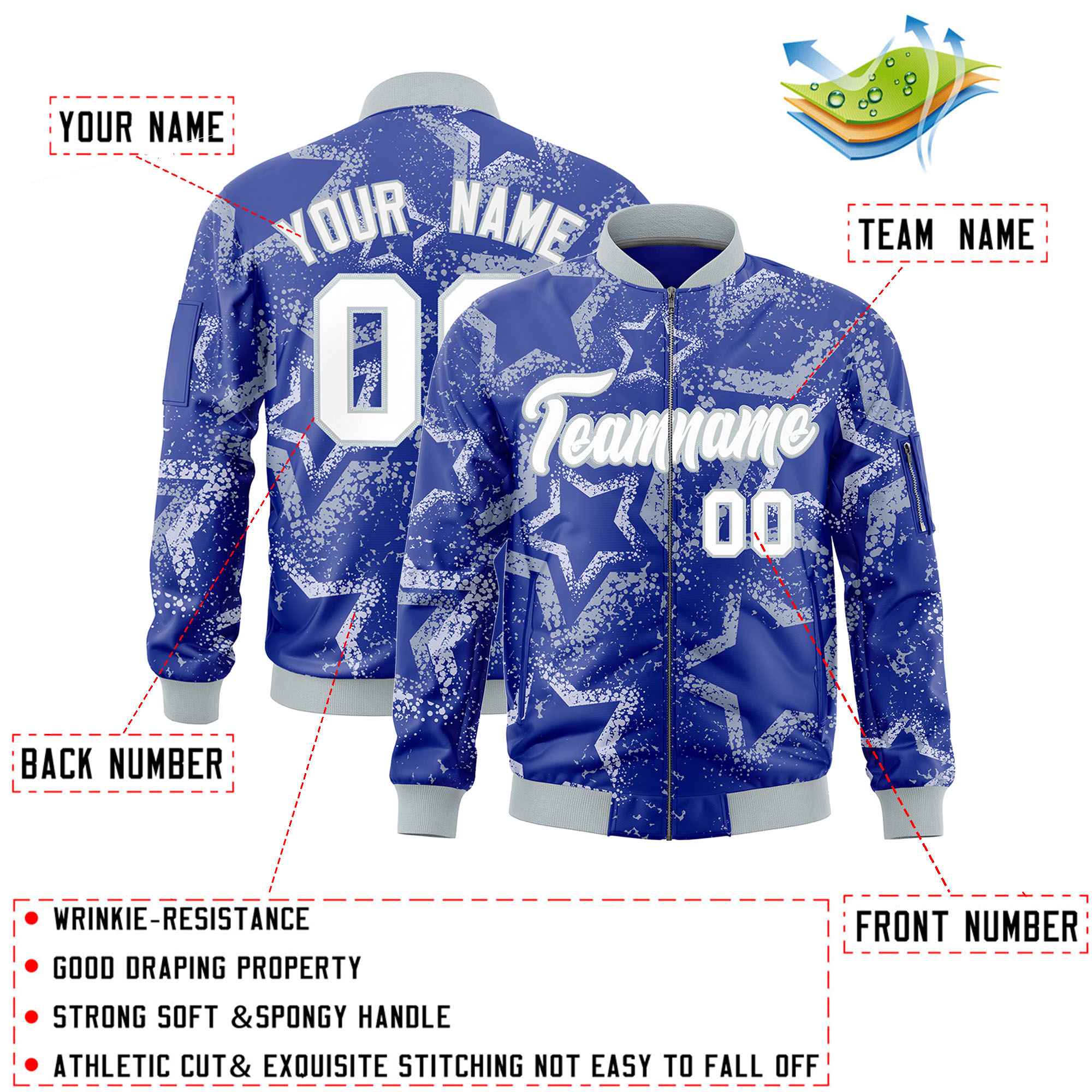 Custom Royal Varsity Full-Zip Star Pattern Letterman Bomber Jacket