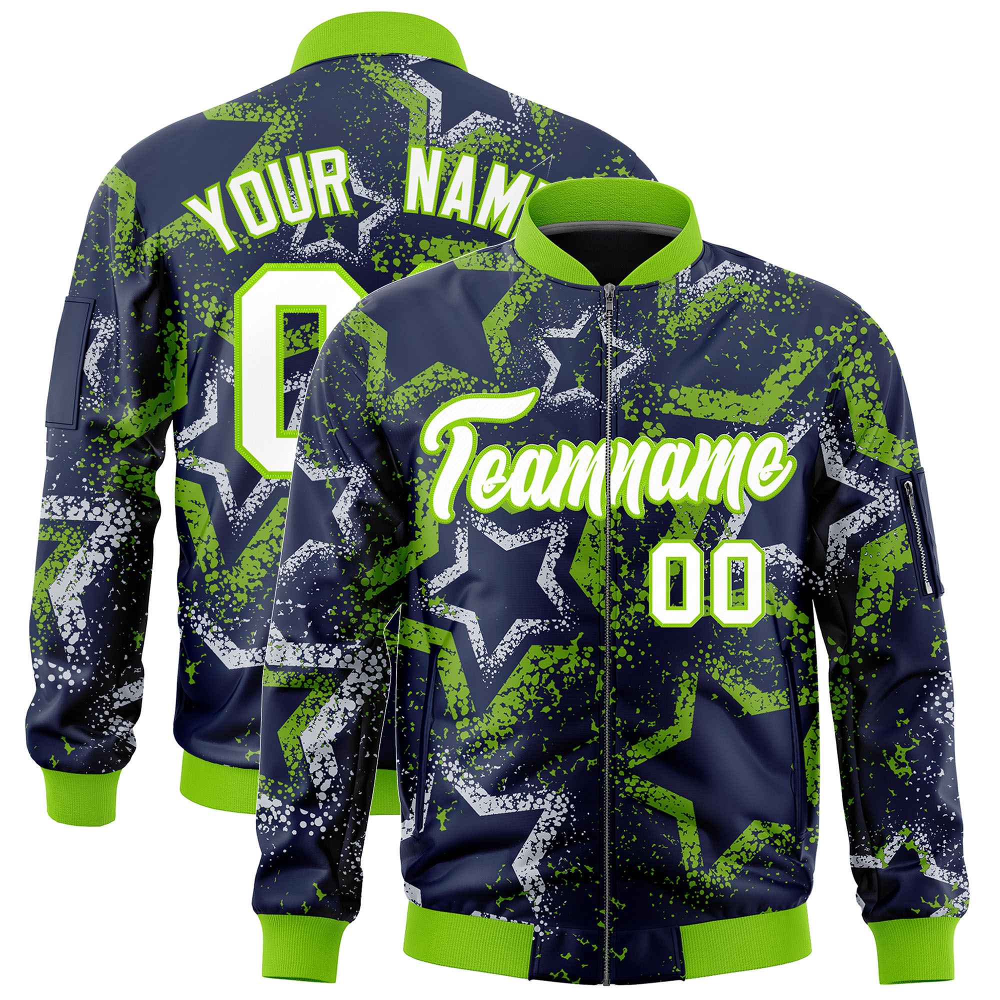 Custom Navy Varsity Full-Zip Star Pattern Letterman Bomber Jacket