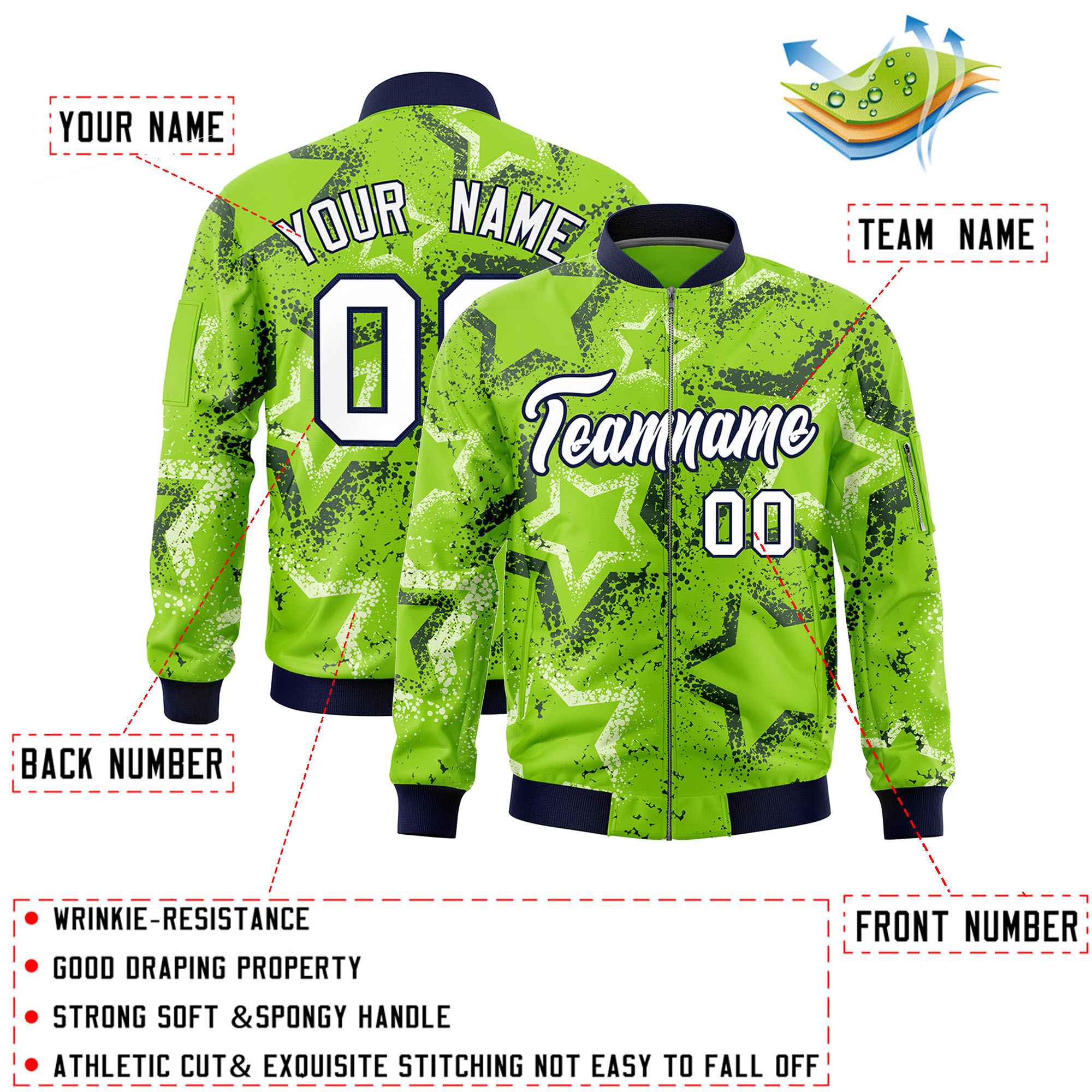 Custom Neon Green Varsity Full-Zip Star Pattern Letterman Bomber Jacket