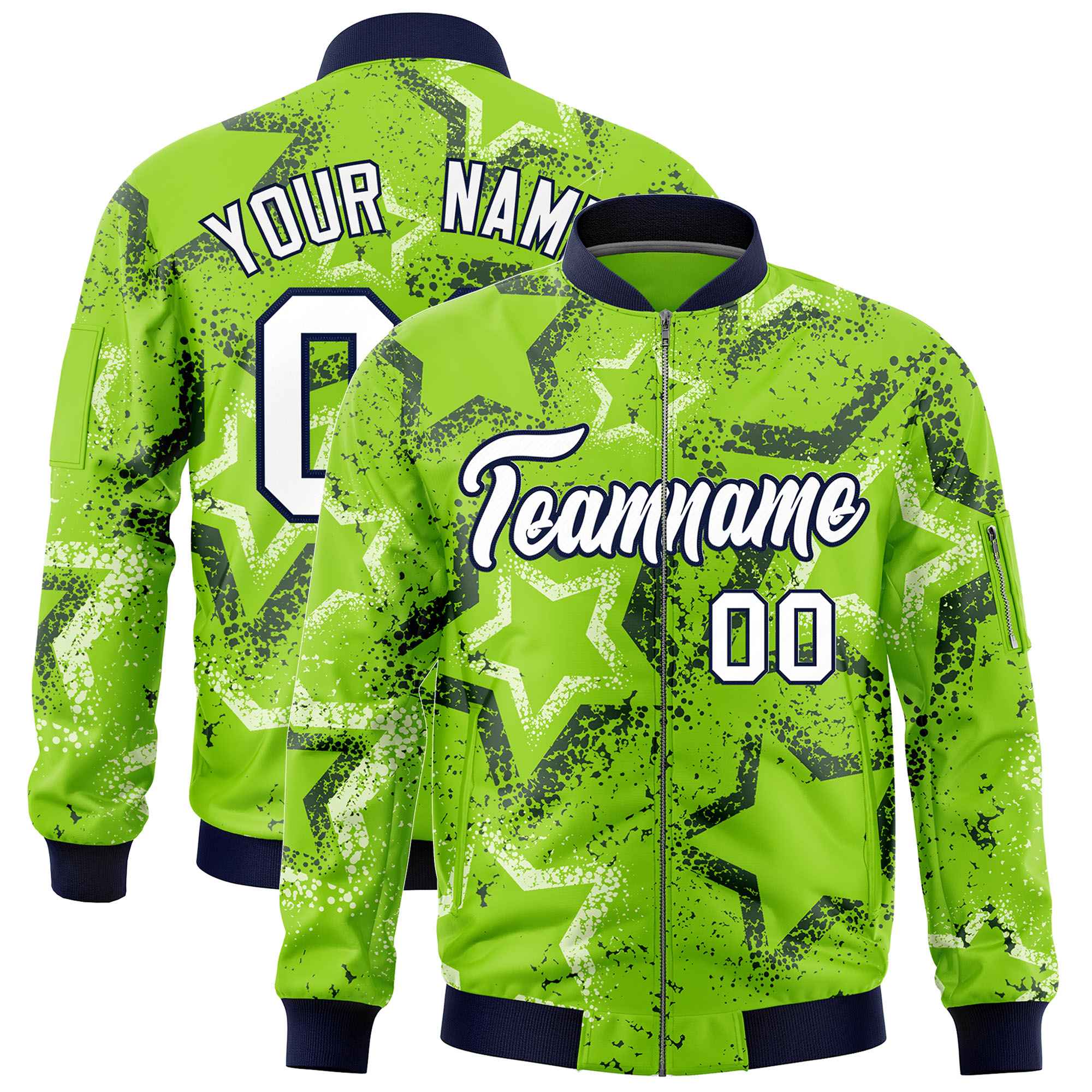 Custom Neon Green Varsity Full-Zip Star Pattern Letterman Bomber Jacket