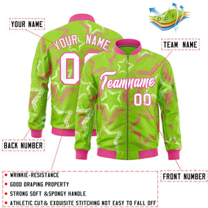 Custom Neon Green Varsity Full-Zip Star Pattern Letterman Bomber Jacket