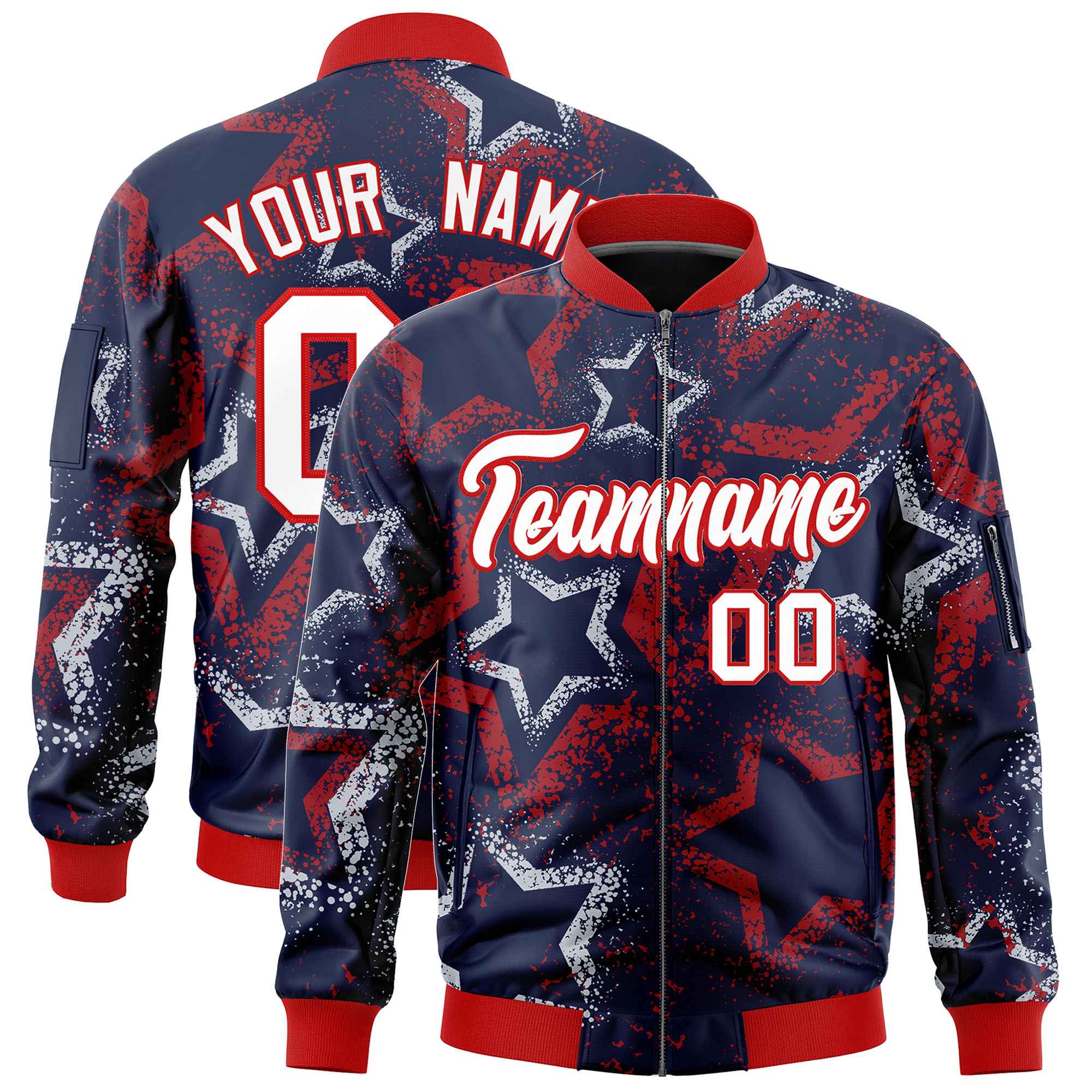 Custom Navy Varsity Full-Zip Star Pattern Letterman Bomber Jacket