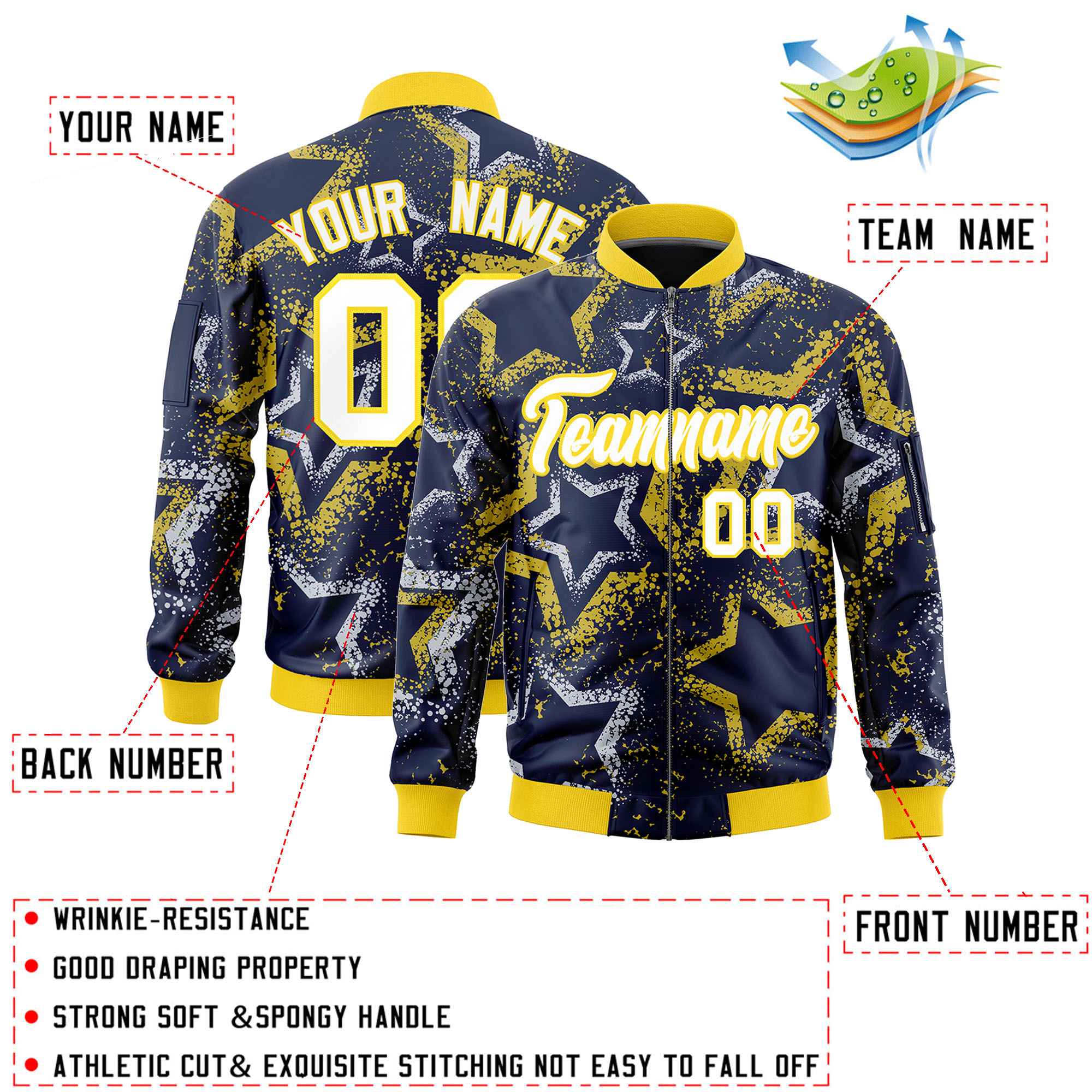 Custom Navy Varsity Full-Zip Star Pattern Letterman Bomber Jacket