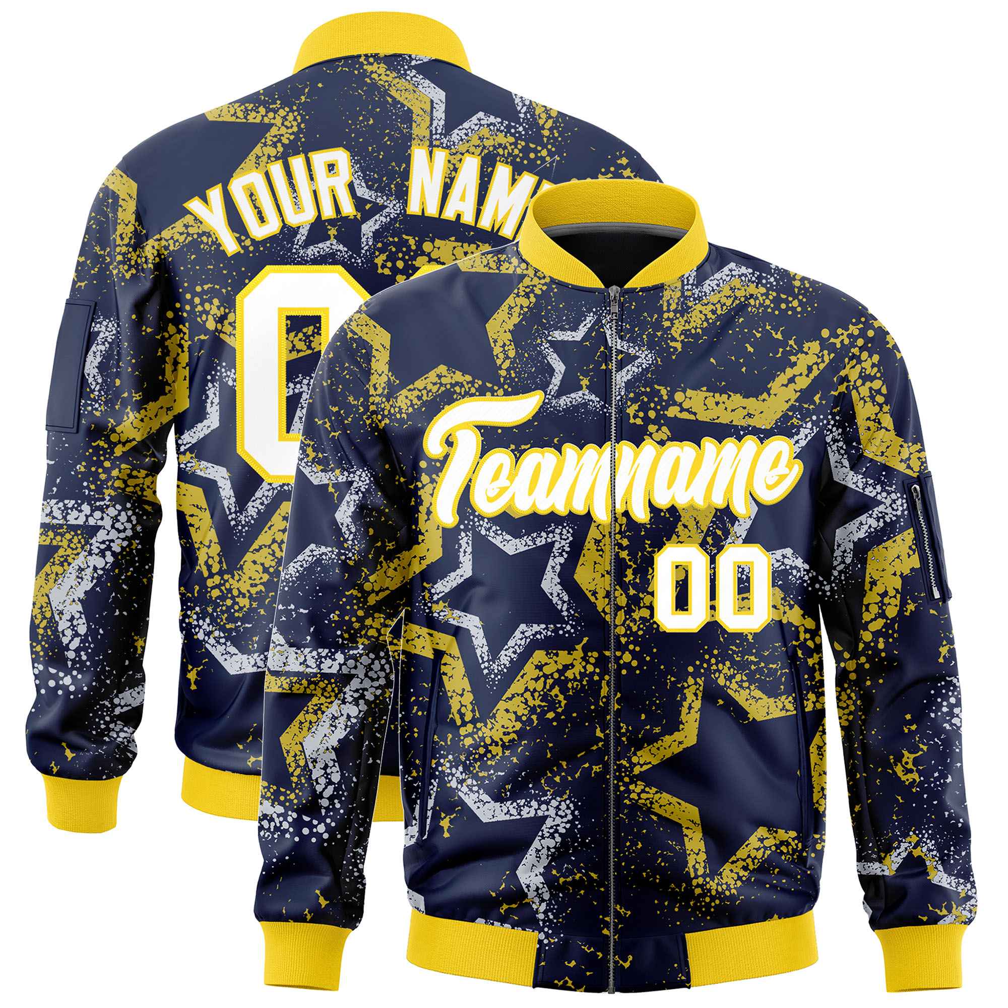 Custom Navy Varsity Full-Zip Star Pattern Letterman Bomber Jacket