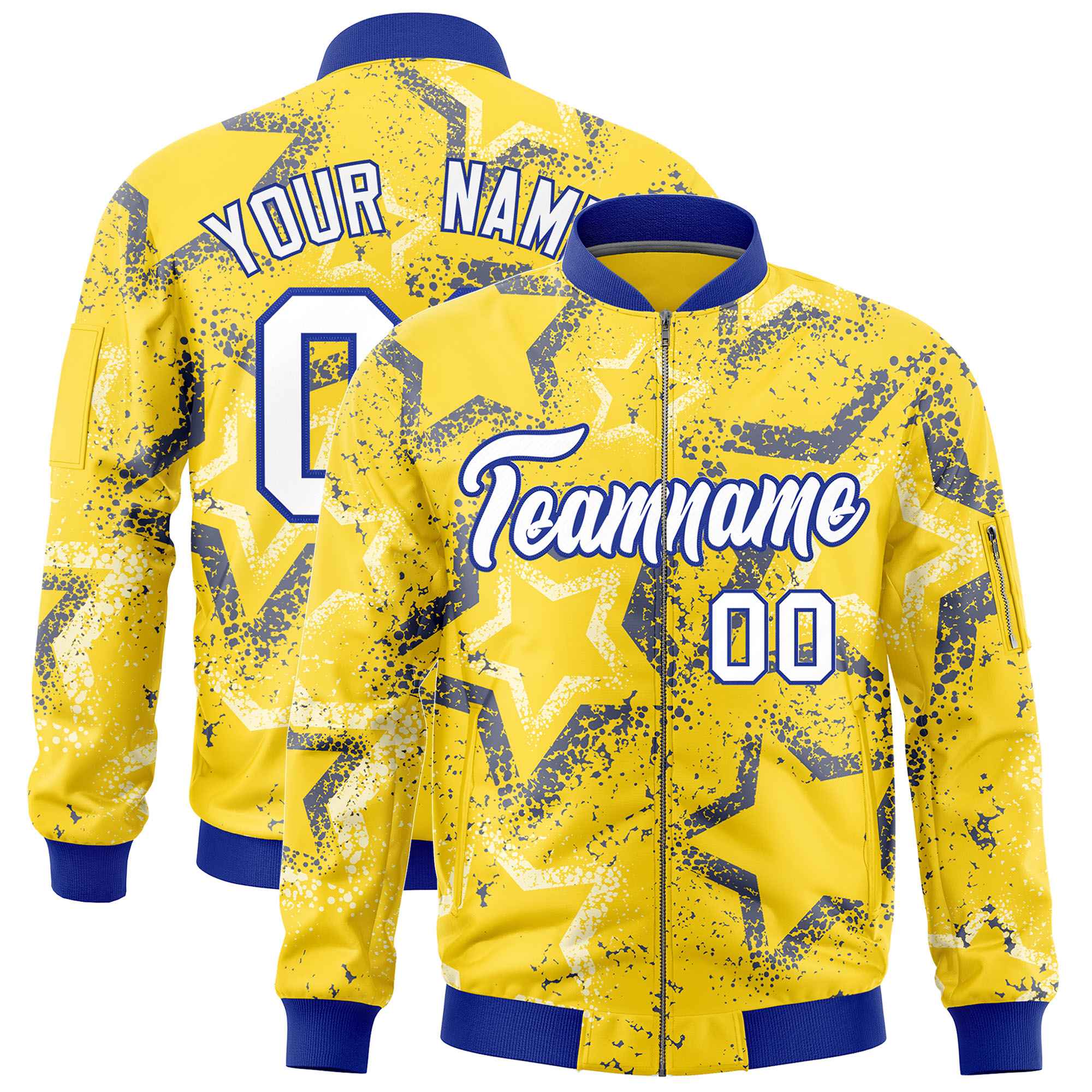 Custom Gold Varsity Full-Zip Star Pattern Letterman Bomber Jacket