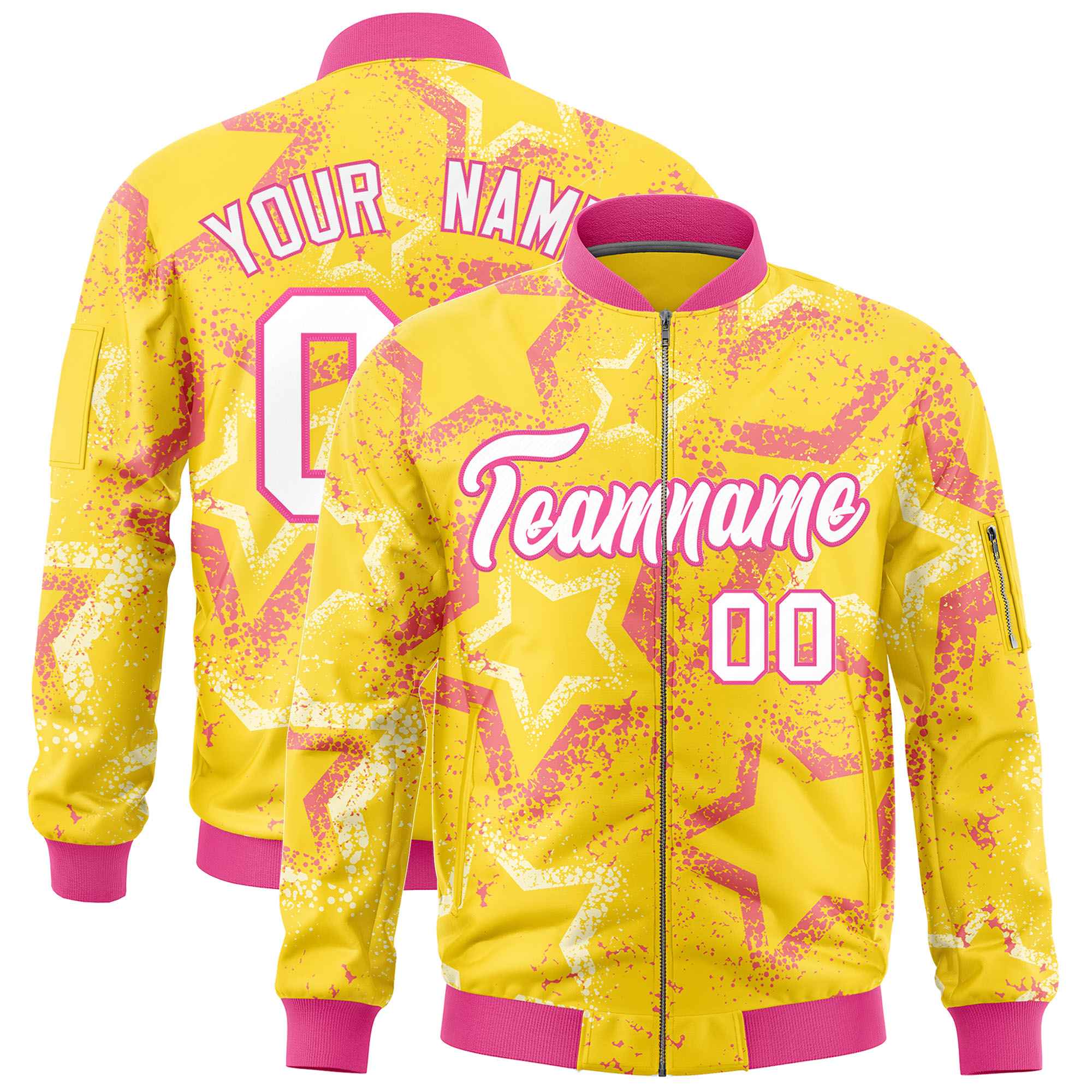 Custom Gold Varsity Full-Zip Star Pattern Letterman Bomber Jacket