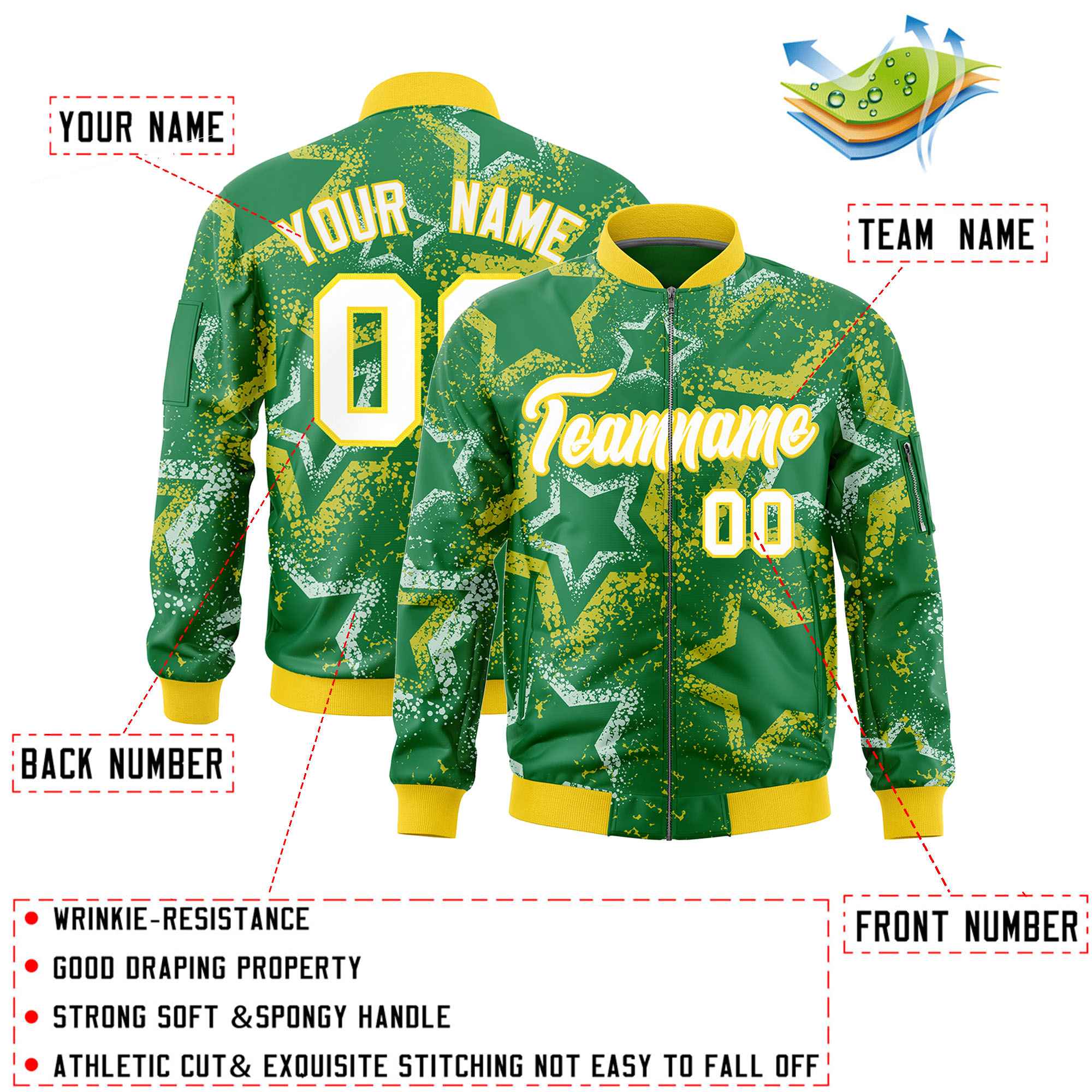 Custom Kelly Green Varsity Full-Zip Star Pattern Letterman Bomber Jacket