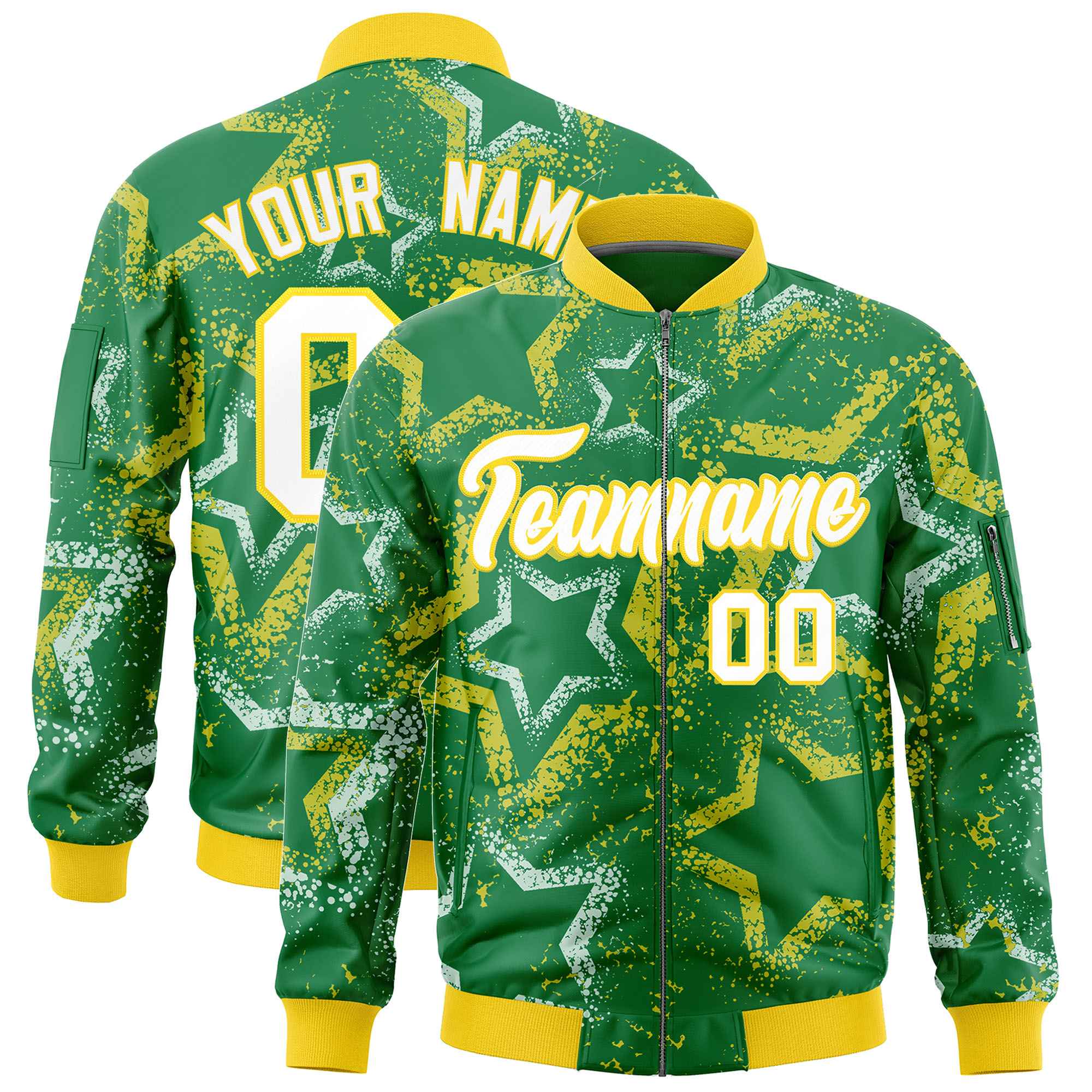 Custom Kelly Green Varsity Full-Zip Star Pattern Letterman Bomber Jacket