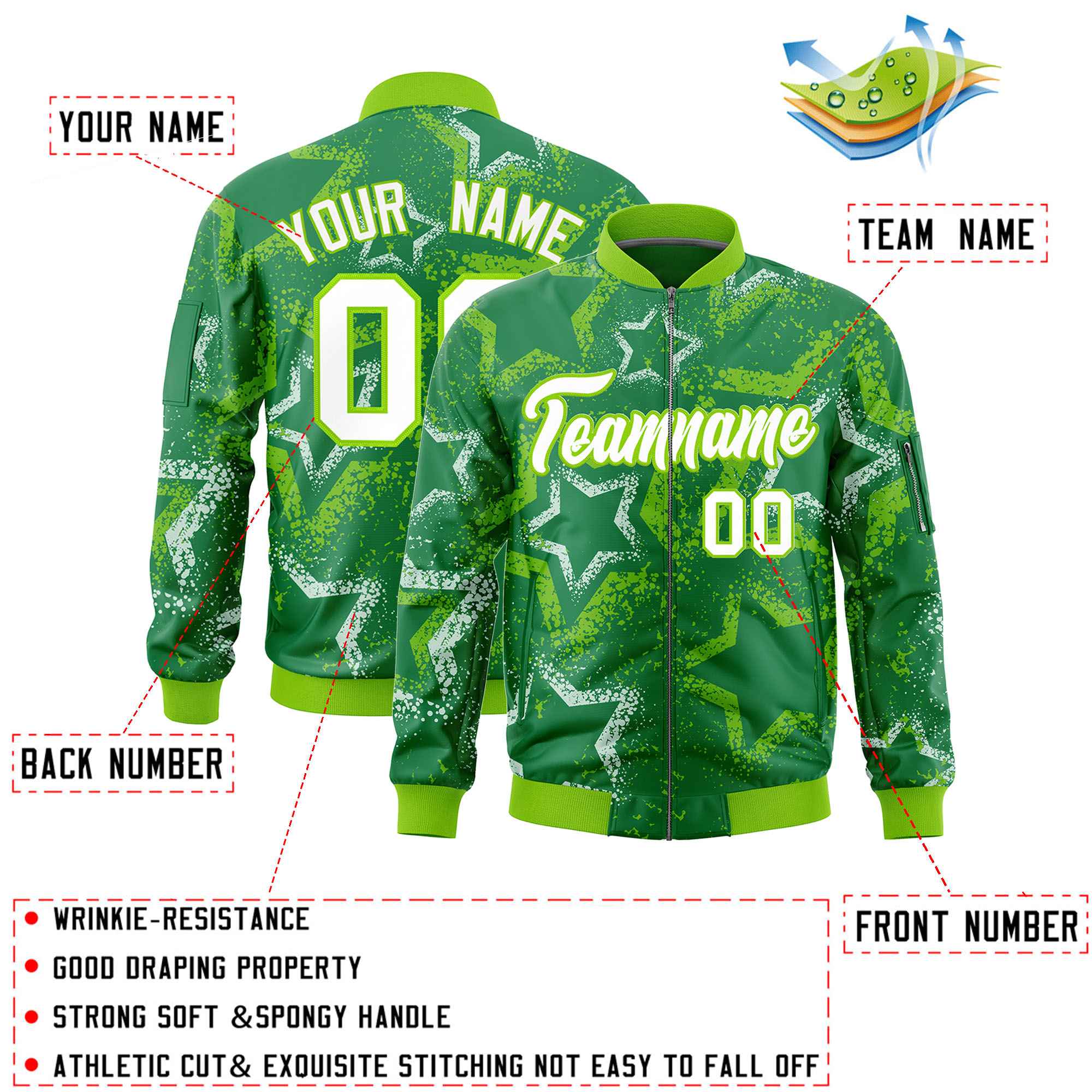 Custom Kelly Green Varsity Full-Zip Star Pattern Letterman Bomber Jacket