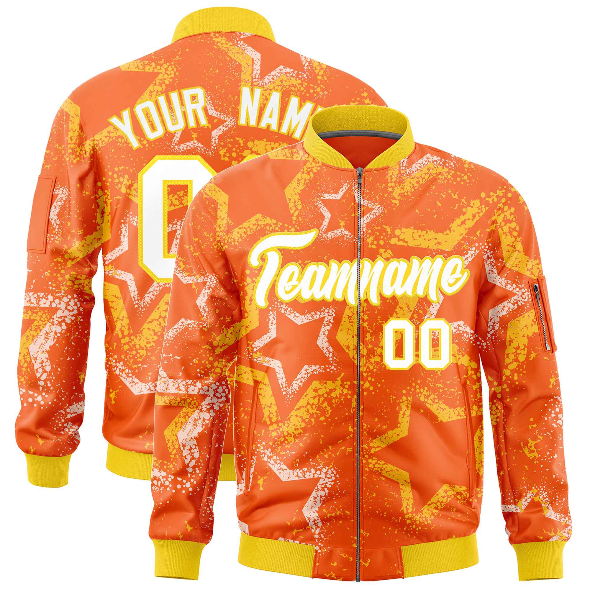 Custom Orange Varsity Full-Zip Star Pattern Letterman Bomber Jacket