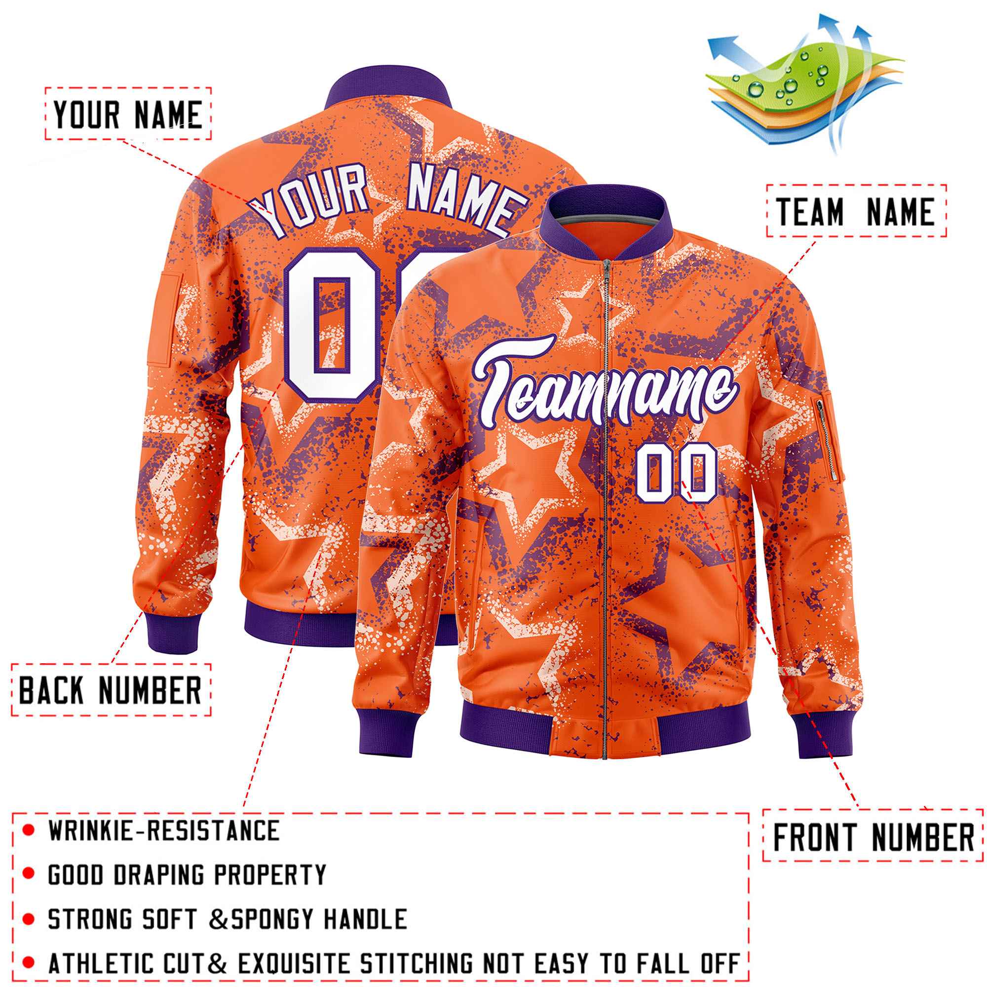 Custom Orange Varsity Full-Zip Star Pattern Letterman Bomber Jacket