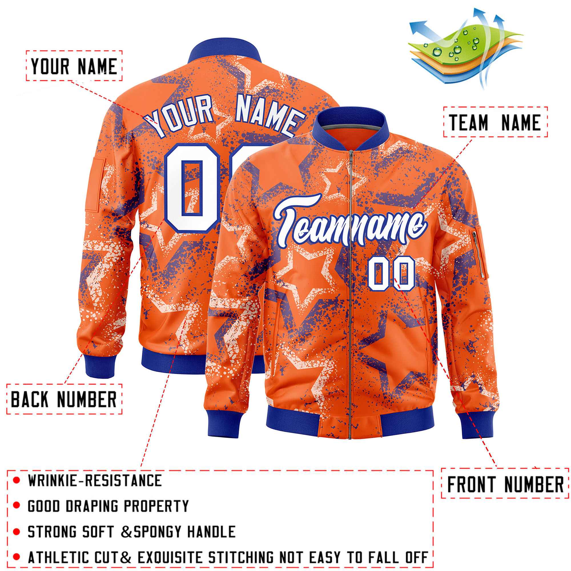 Custom Orange Varsity Full-Zip Star Pattern Letterman Bomber Jacket