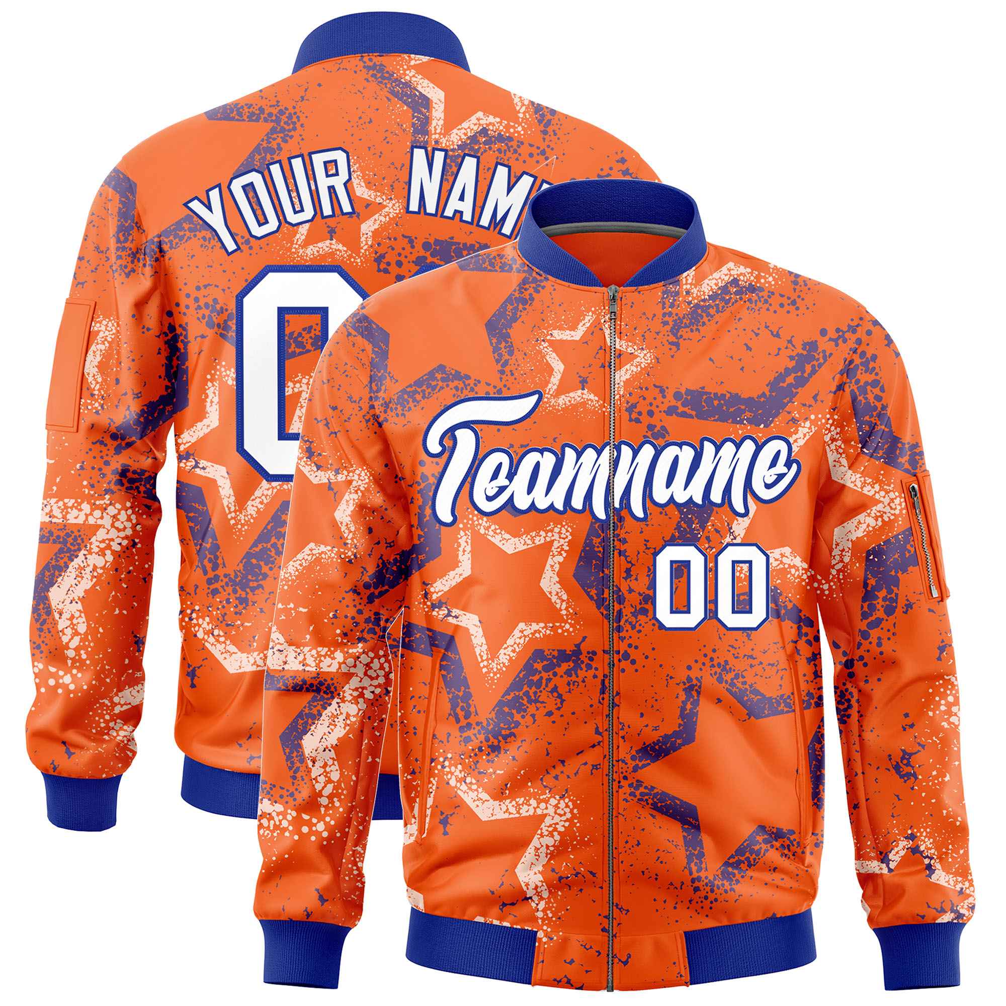 Custom Orange Varsity Full-Zip Star Pattern Letterman Bomber Jacket