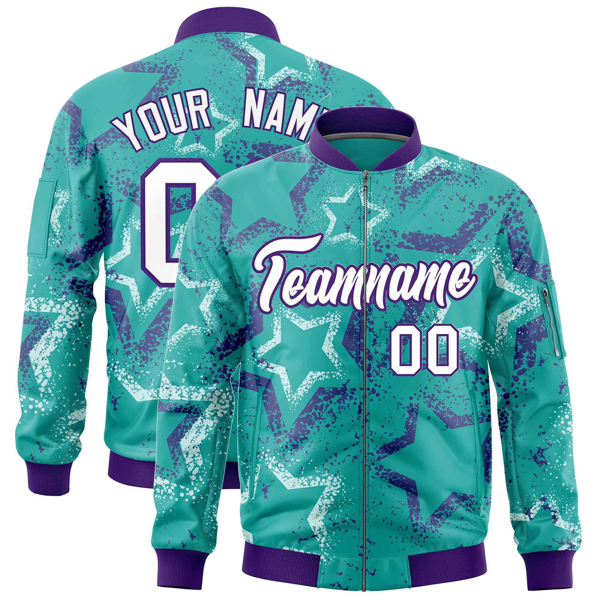 Custom Aqua Varsity Full-Zip Star Pattern Letterman Bomber Jacket