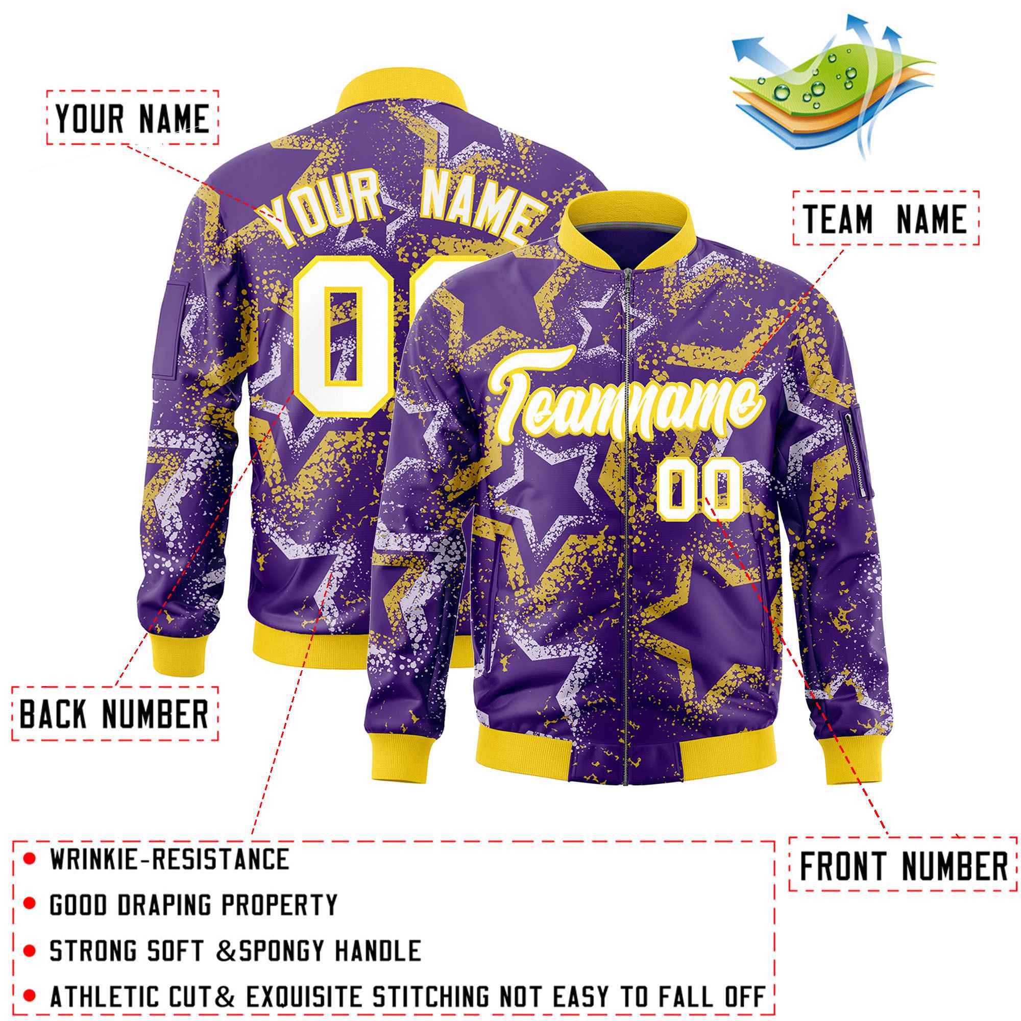 Custom Purple Varsity Full-Zip Star Pattern Letterman Bomber Jacket