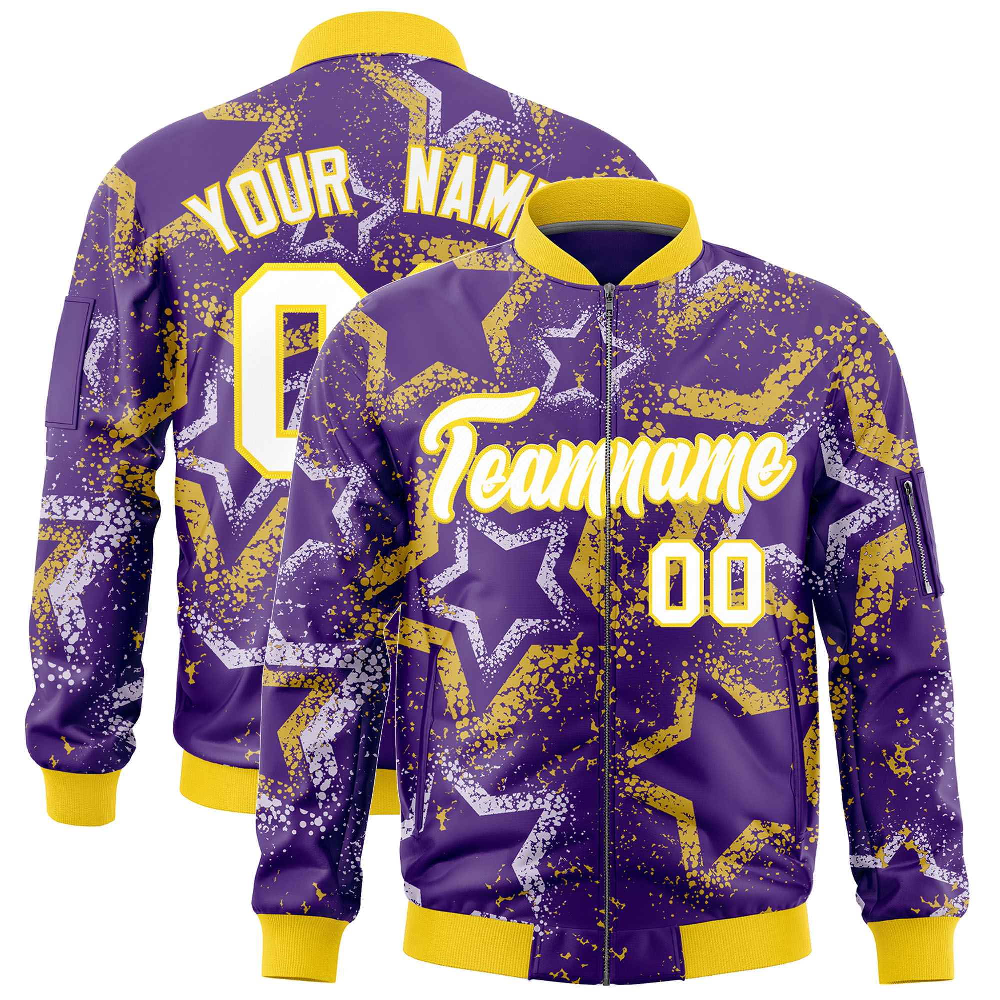 Custom Purple Varsity Full-Zip Star Pattern Letterman Bomber Jacket