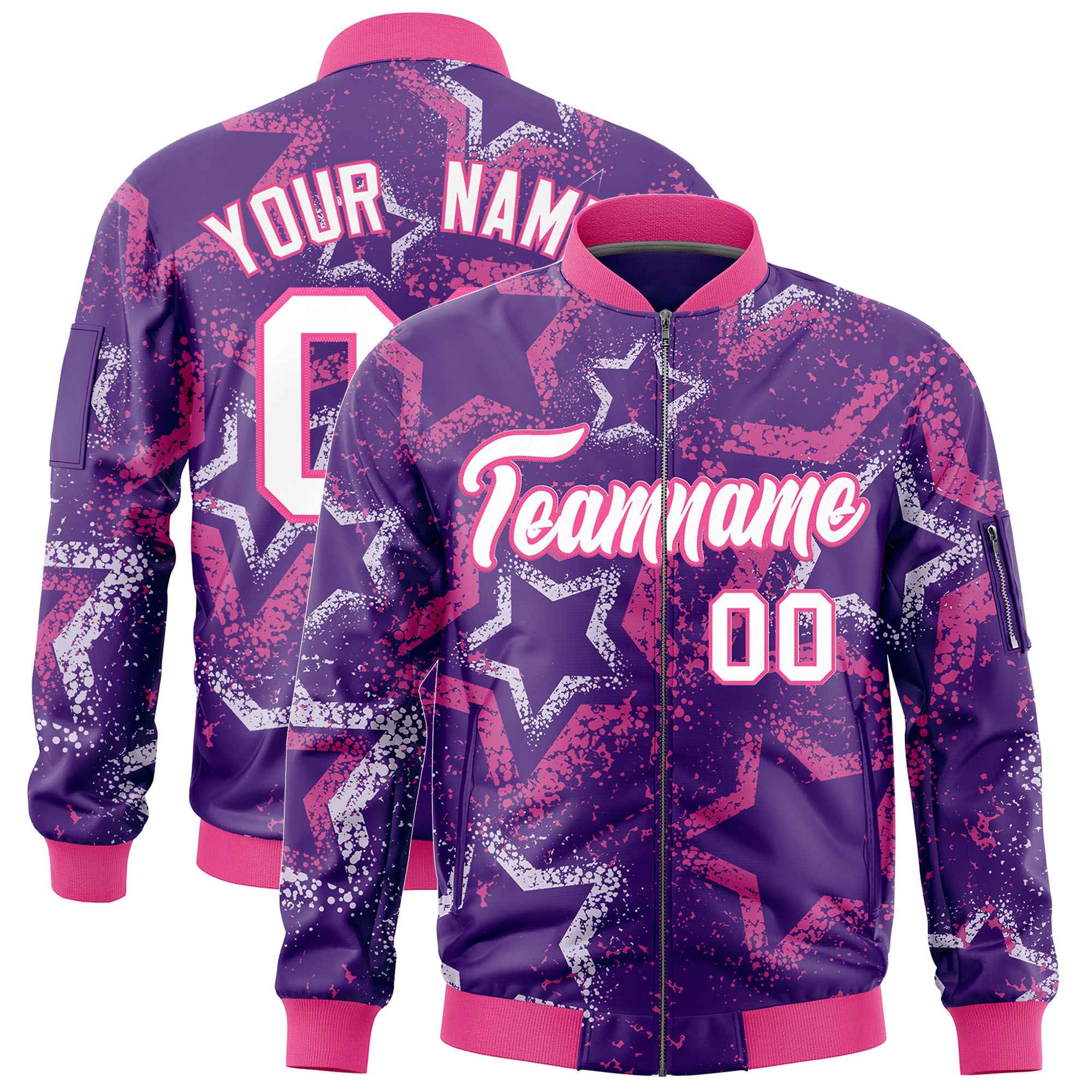 Custom Purple Varsity Full-Zip Star Pattern Letterman Bomber Jacket