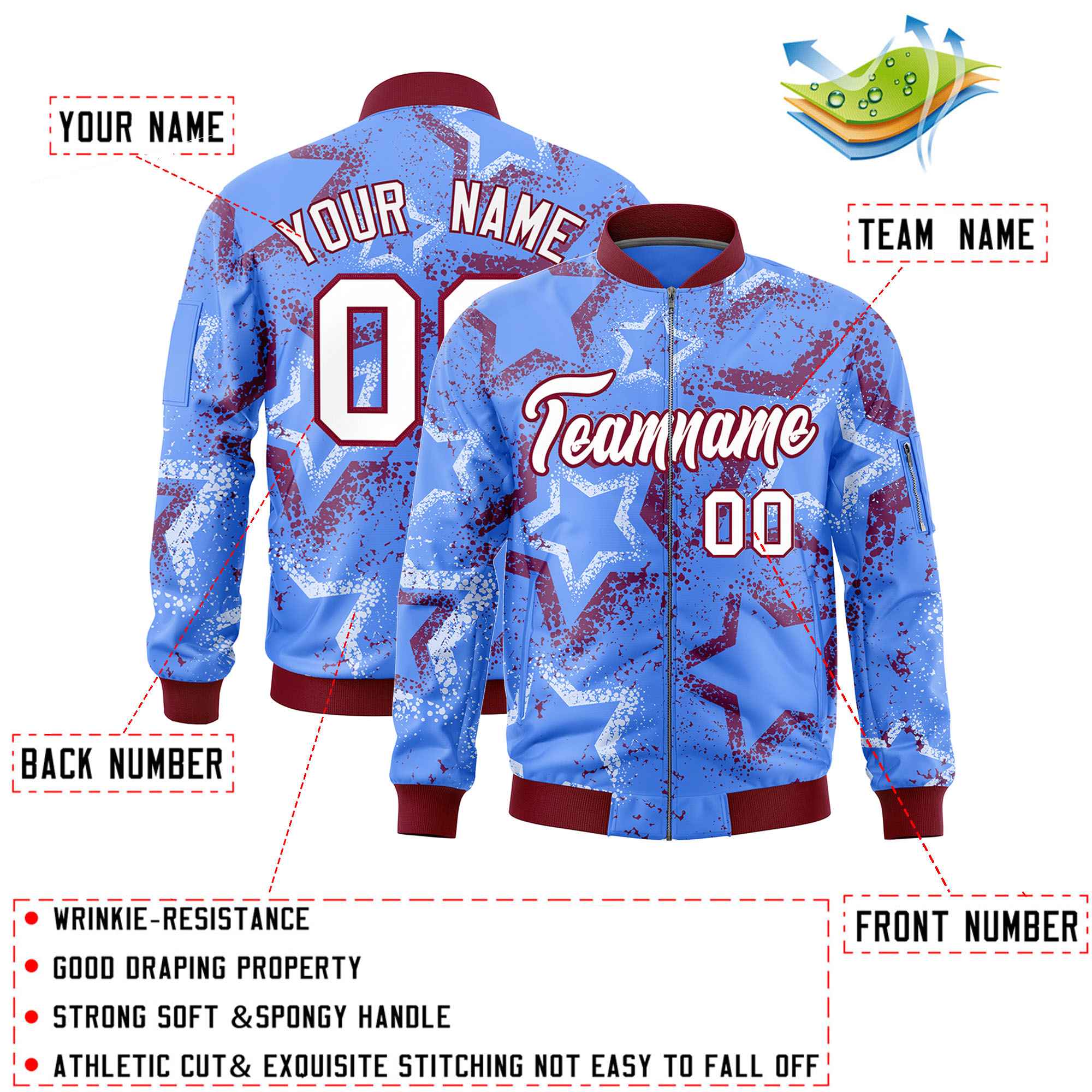 Custom Powder Blue Varsity Full-Zip Star Pattern Letterman Bomber Jacket