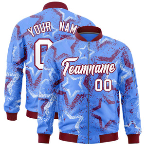 Custom Powder Blue Varsity Full-Zip Star Pattern Letterman Bomber Jacket